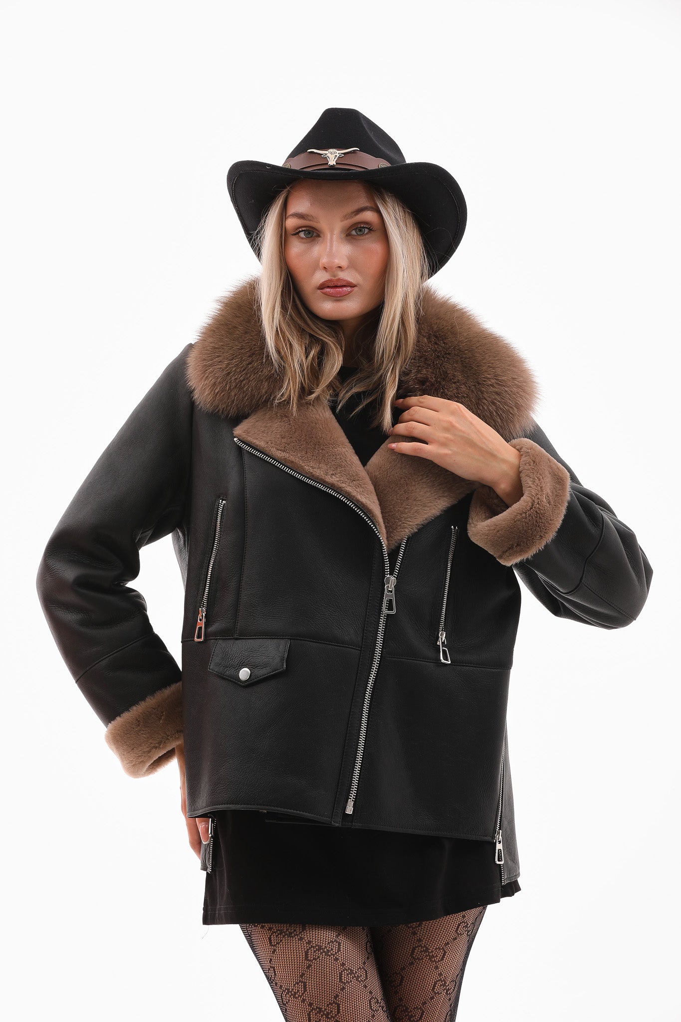 The Duchess Chaqueta de Cuero para Mujer con Forro de Borrego en Negro y Marrón