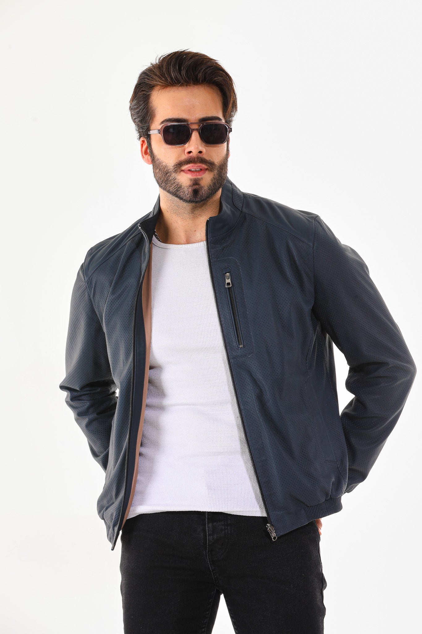The Como Navy Blue Leather Bomber Men Jacket