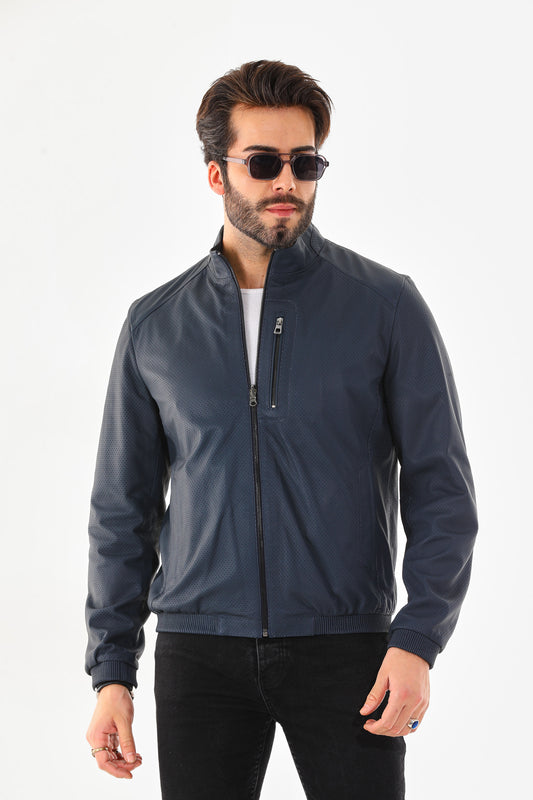 The Como Navy Blue Leather Bomber Men Jacket