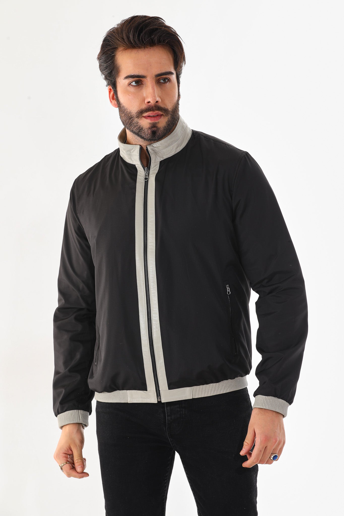 The Como Reversible Cream & Black Leather Bomber Men Jacket