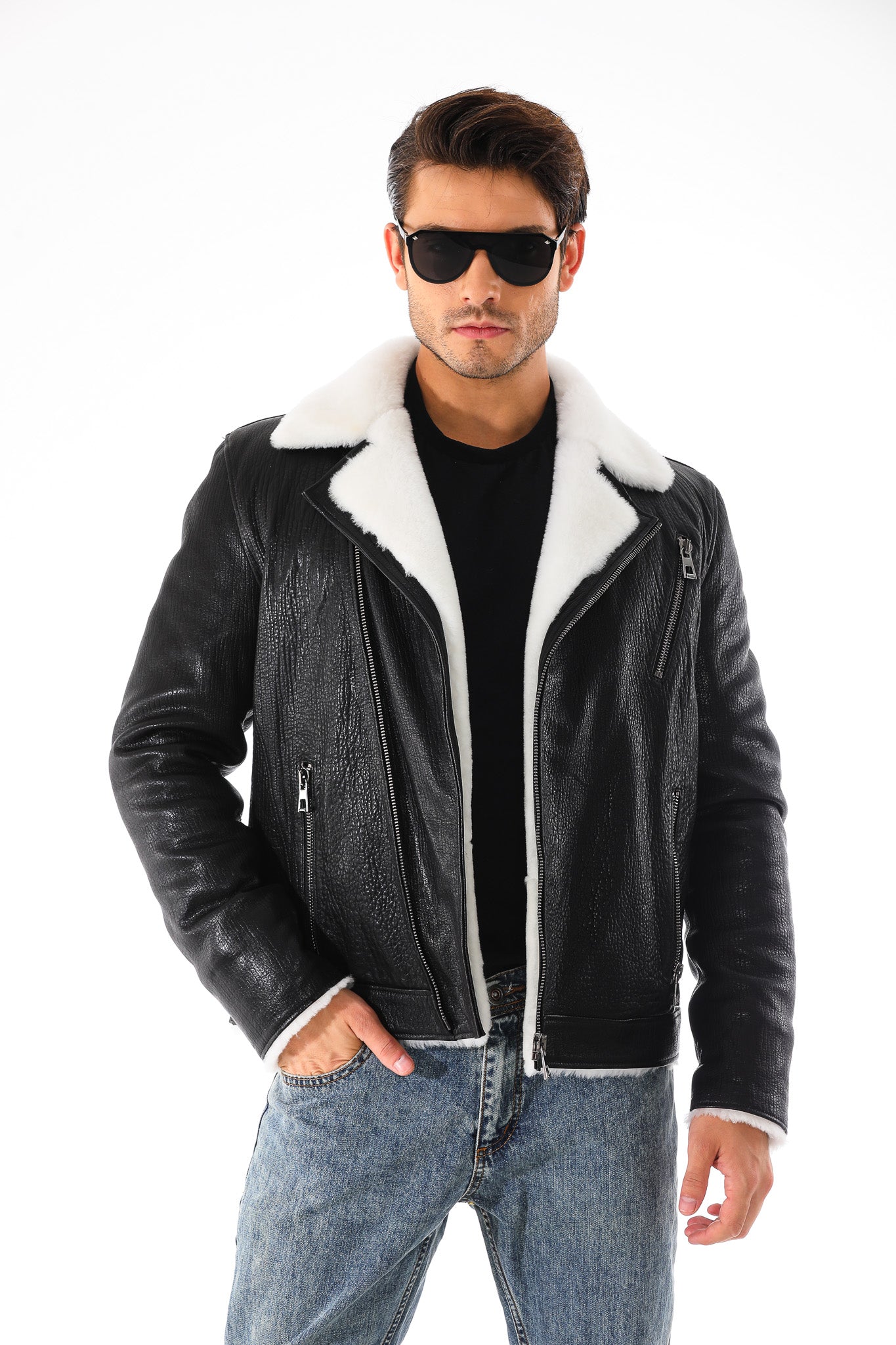 The Cortina Black & White Shearling Leather Men Jacket