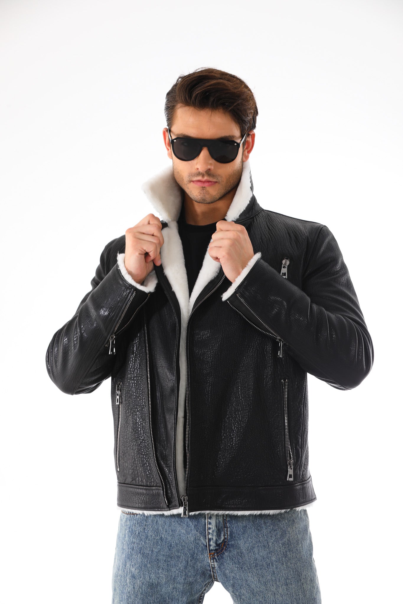 The Cortina Black & White Shearling Leather Men Jacket