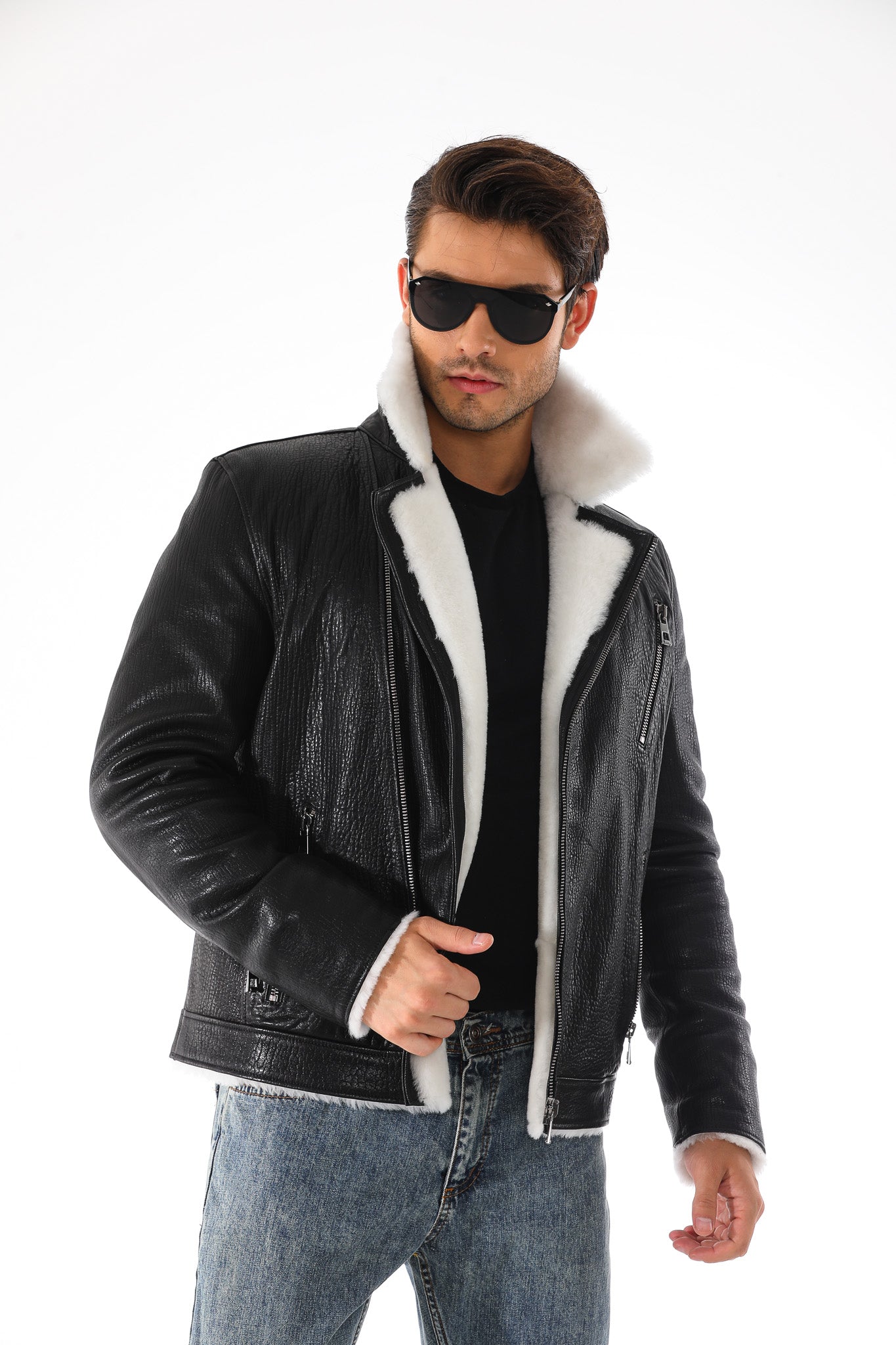 The Cortina Black & White Shearling Leather Men Jacket