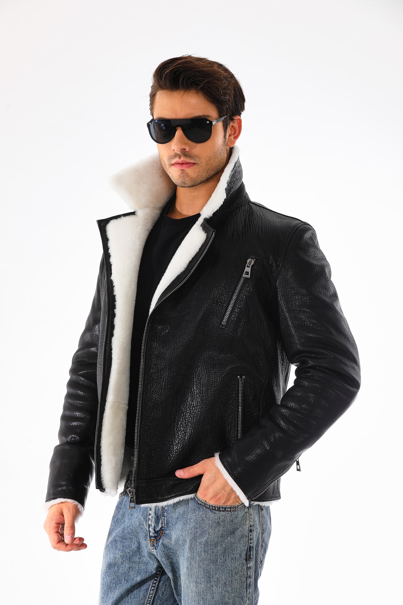 The Cortina Black & White Shearling Leather Men Jacket