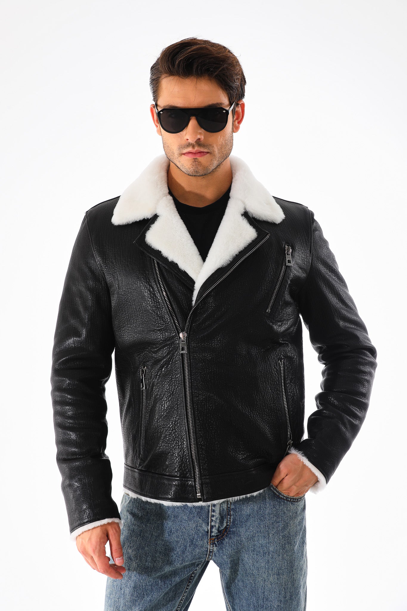 The Cortina Black & White Shearling Leather Men Jacket