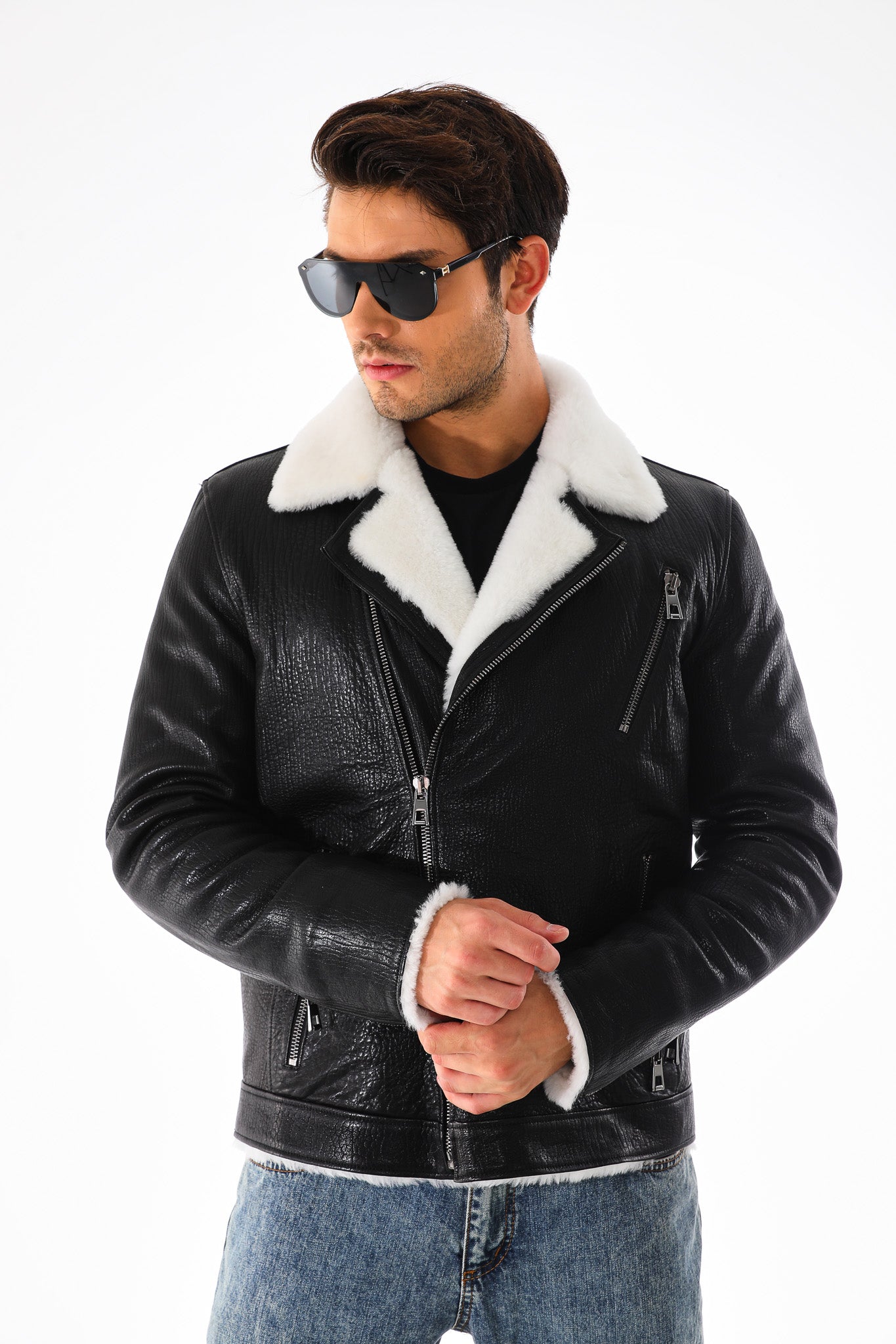 The Cortina Black & White Shearling Leather Men Jacket