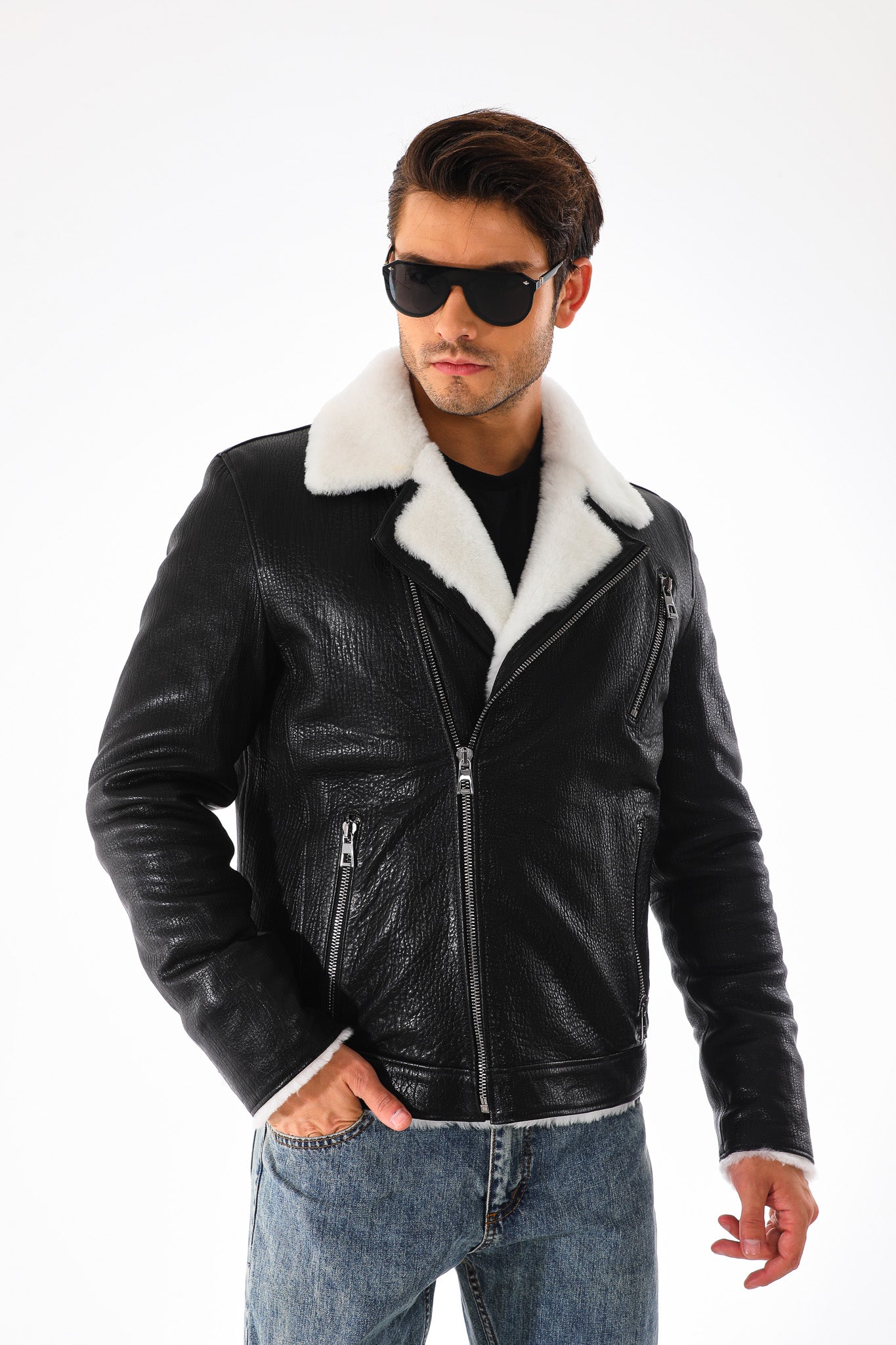 The Cortina Black & White Shearling Leather Men Jacket