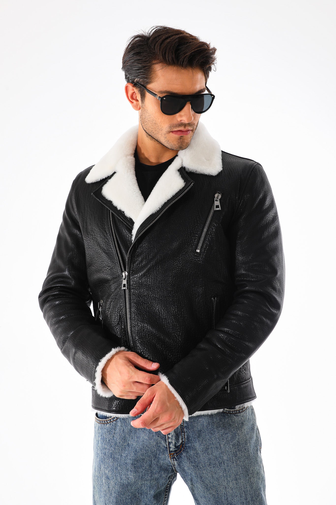 The Cortina Black & White Shearling Leather Men Jacket
