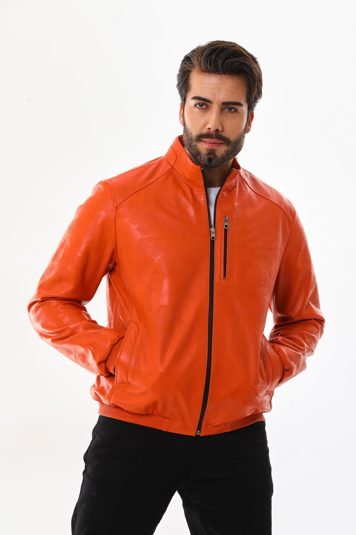 The Como Reversible Orange & Black Leather Bomber Men Jacket