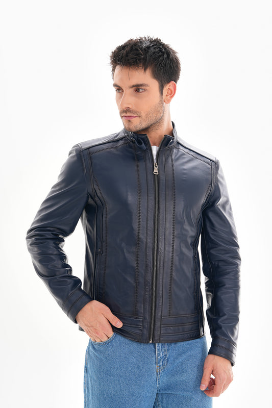 The Arezzo Chaqueta de Cuero para Hombre Azul Marino