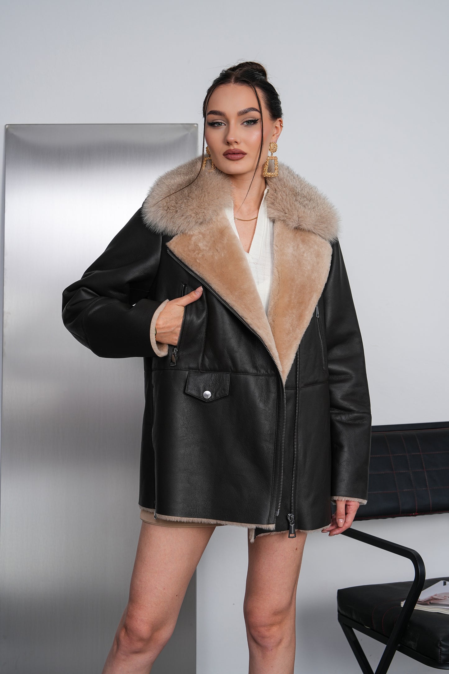 The Avellina Black Shearling Leather Women Jacket