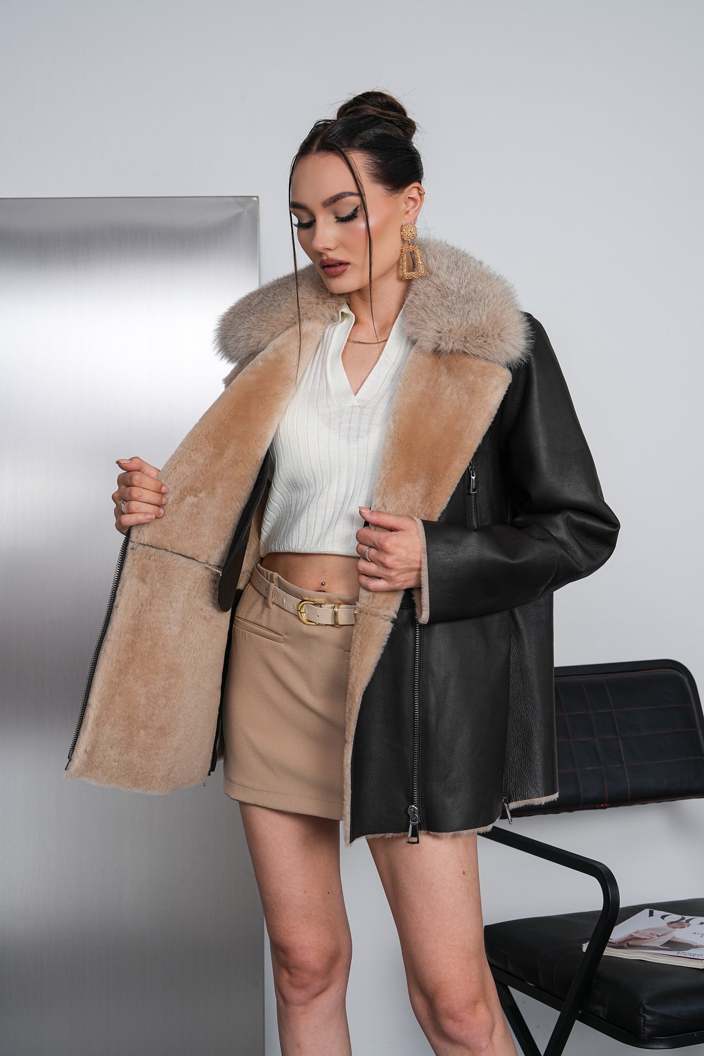 The Avellina Black Shearling Leather Women Jacket