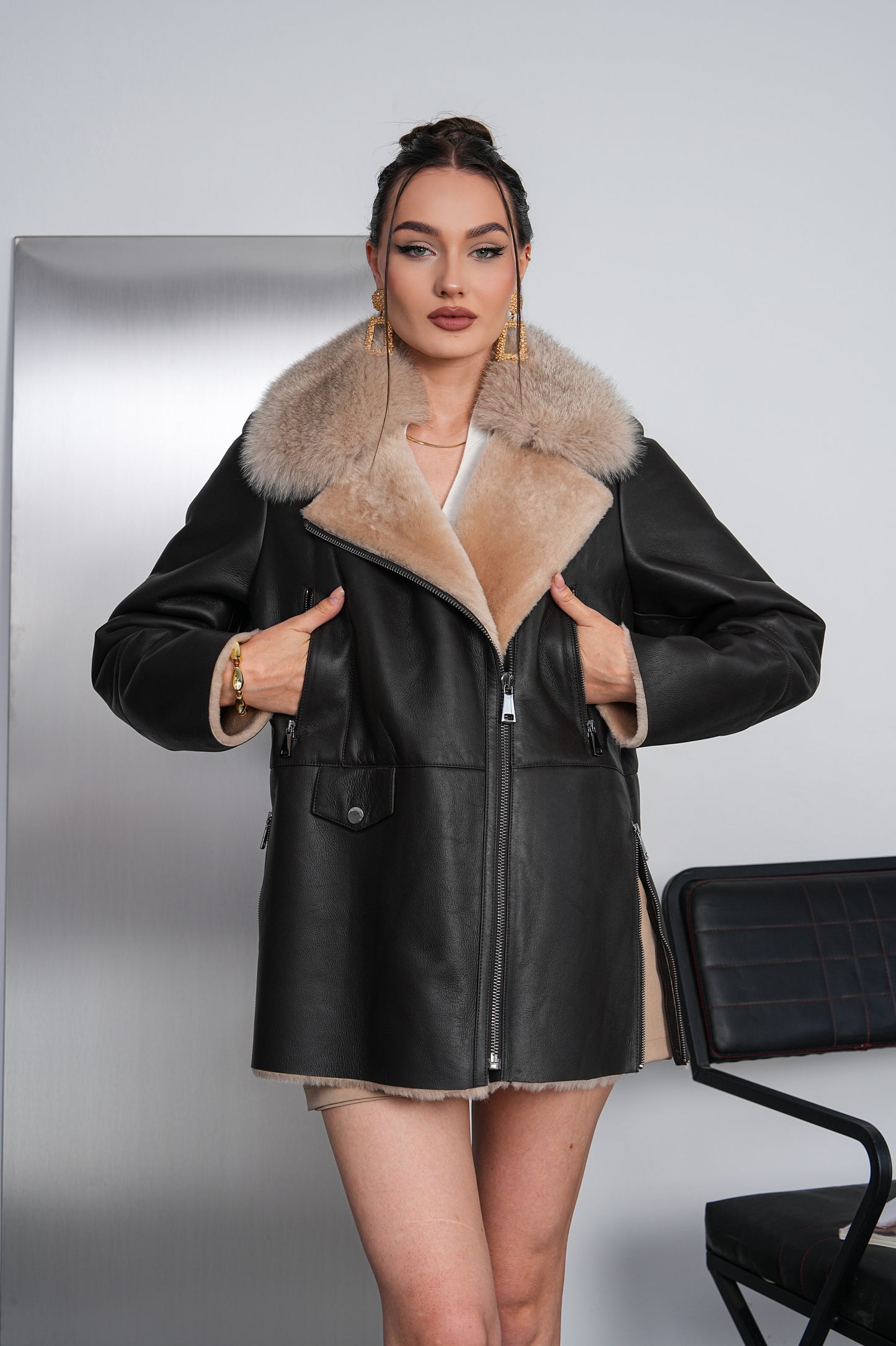 The Avellina Black Shearling Leather Women Jacket