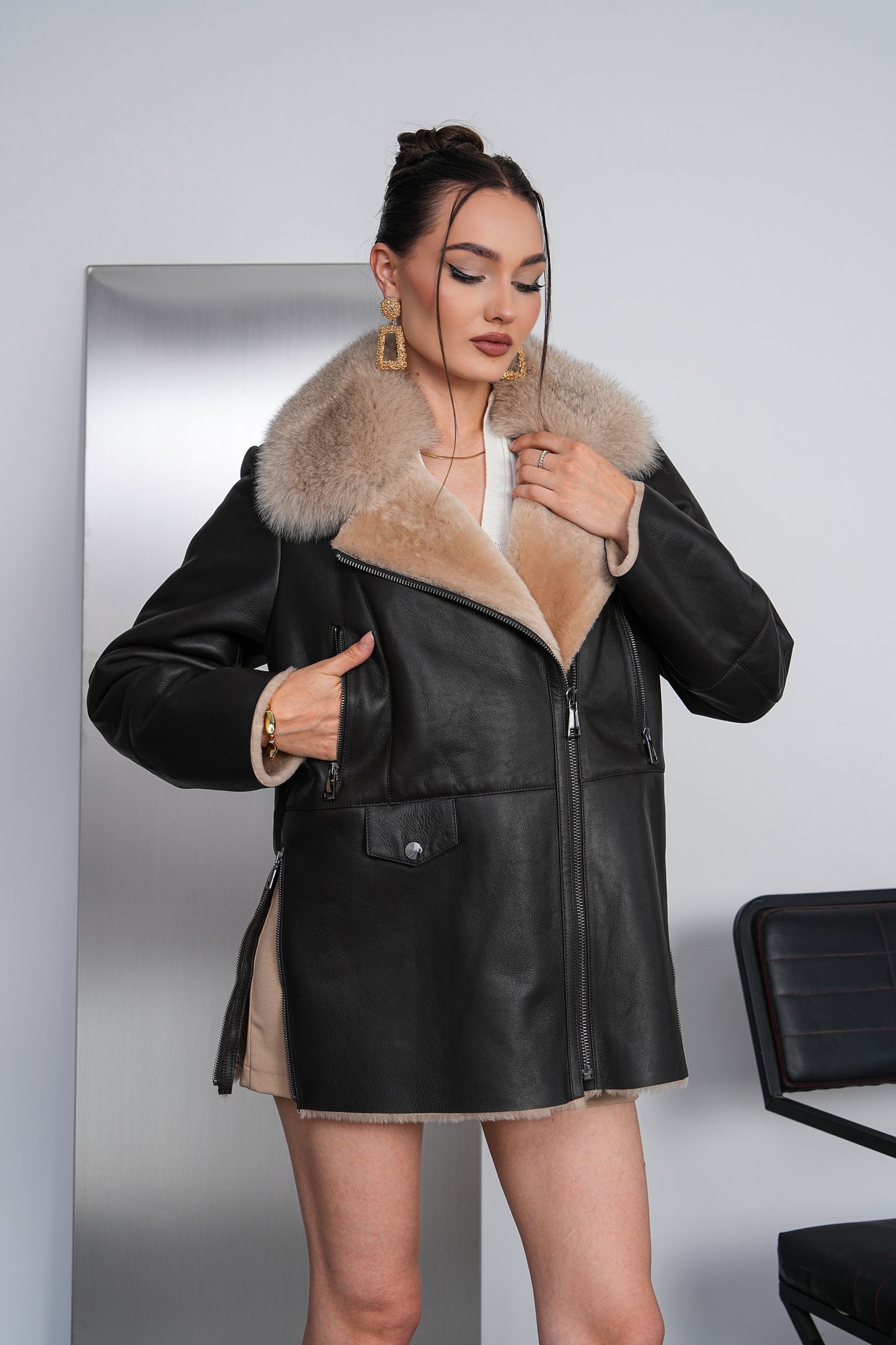 The Avellina Black Shearling Leather Women Jacket