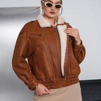 Chaqueta bomber de piel con borrego para mujer Bellarosa color cognac