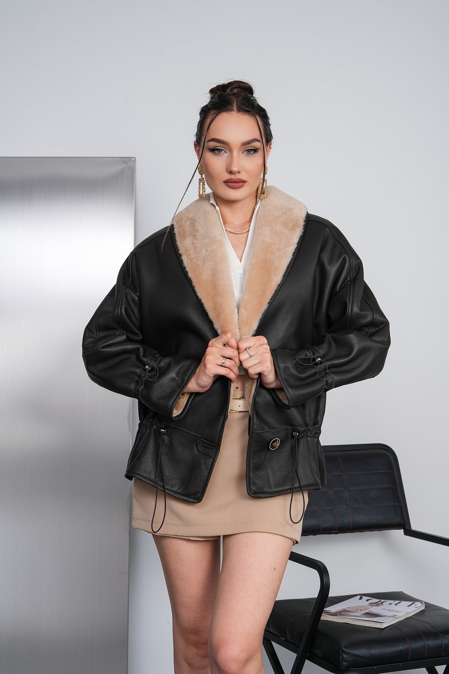The Virellia Black Genuine Leather Shearling Women Jacket