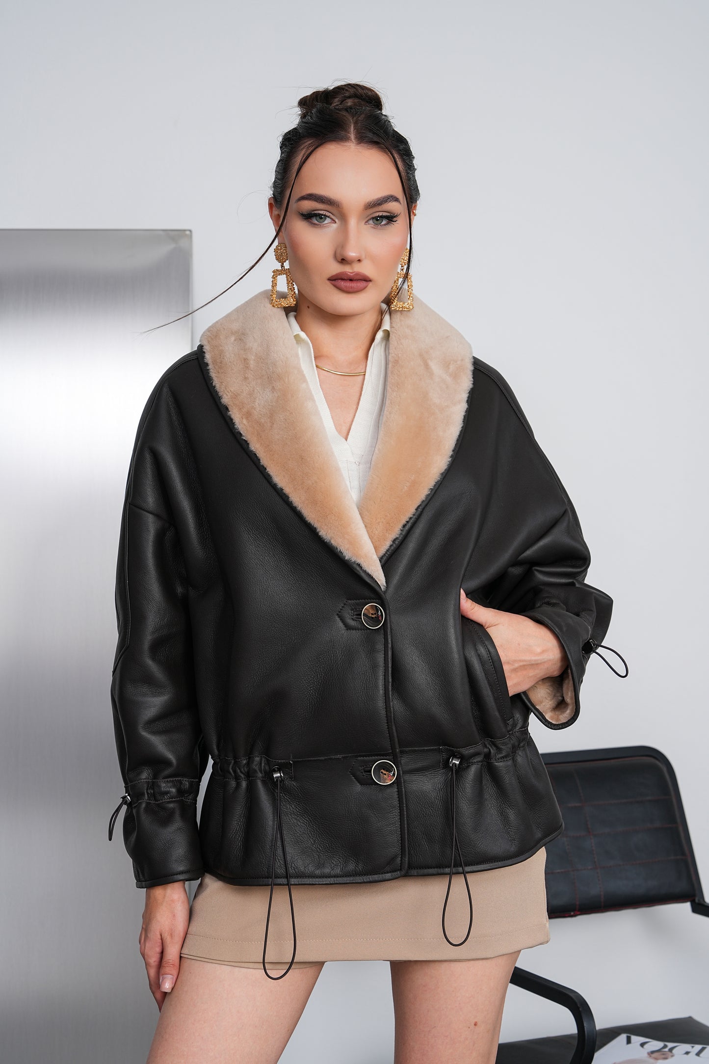 The Virellia Black Genuine Leather Shearling Women Jacket