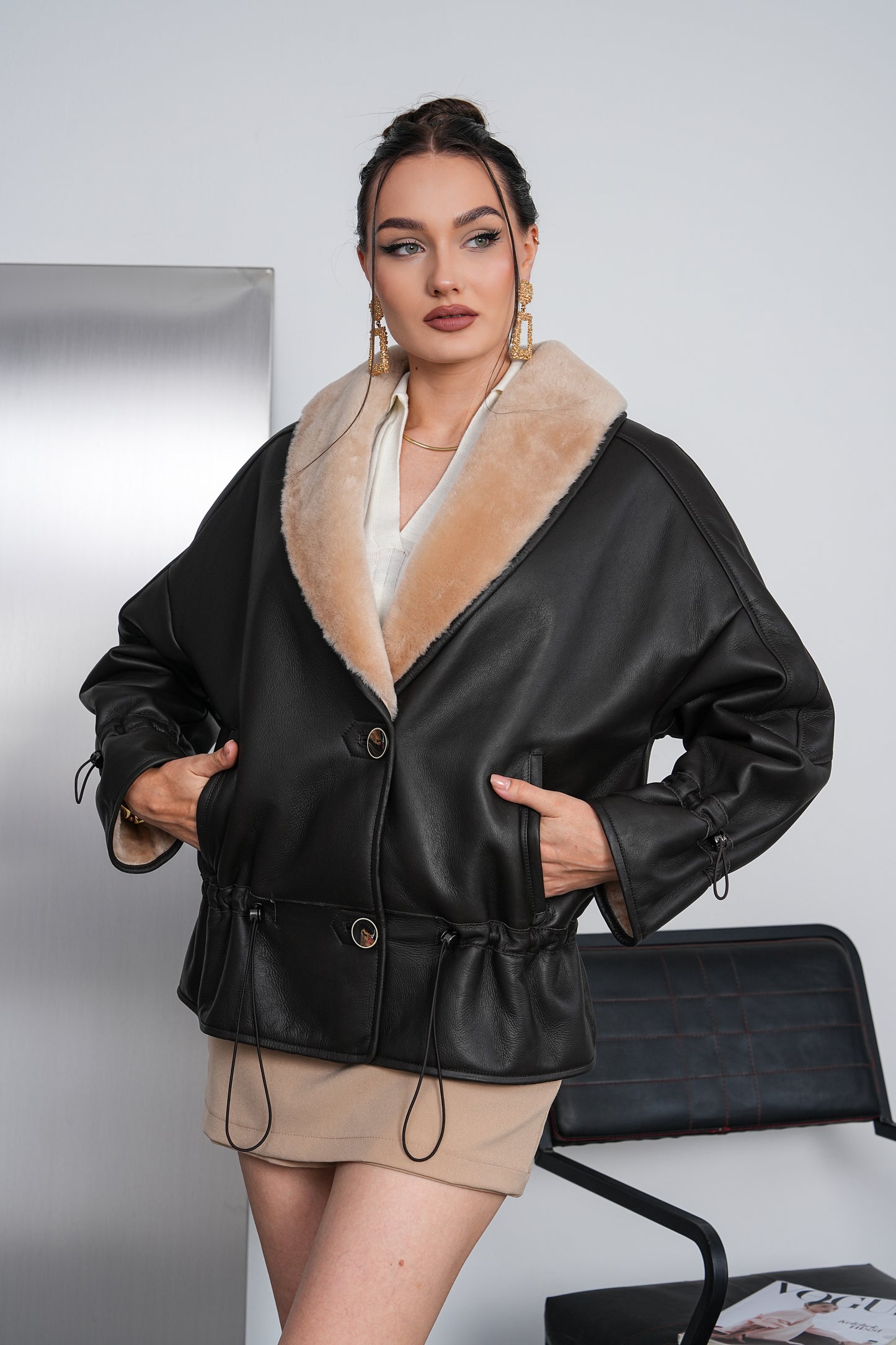 The Virellia Black Genuine Leather Shearling Women Jacket