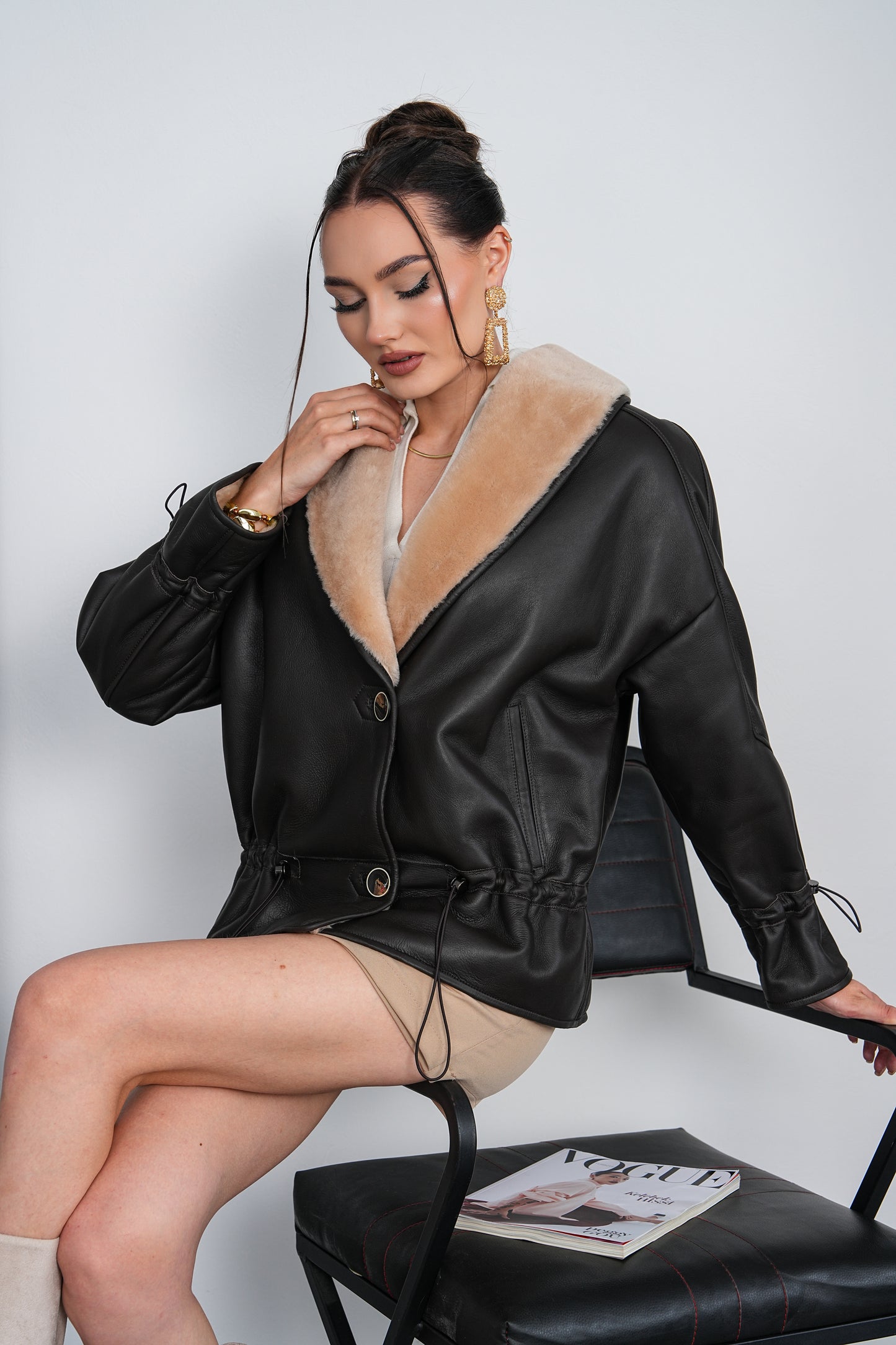 The Virellia Black Genuine Leather Shearling Women Jacket