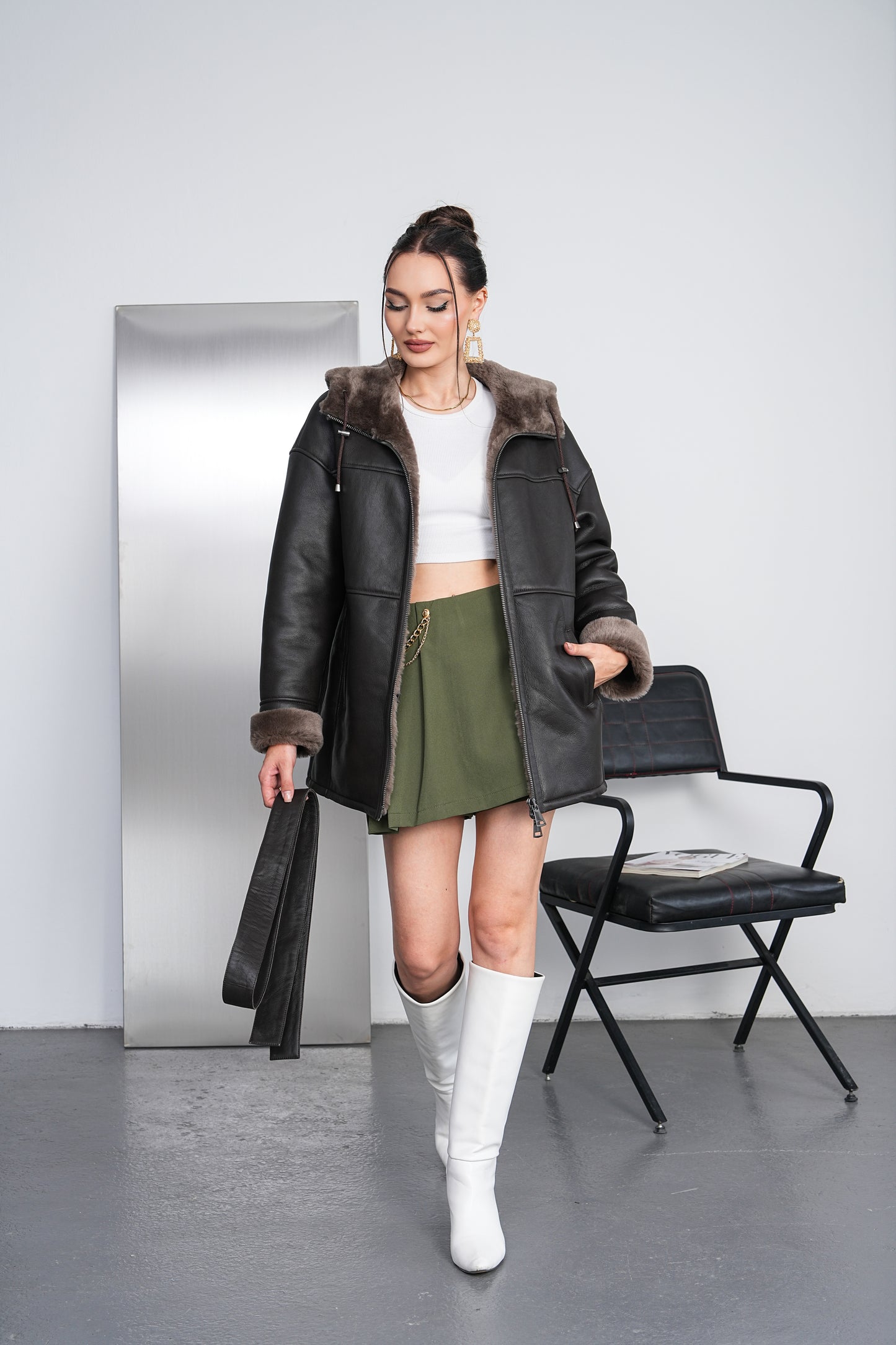 The Calverra Black Genuine Shearling Leather Hooded Women Coat