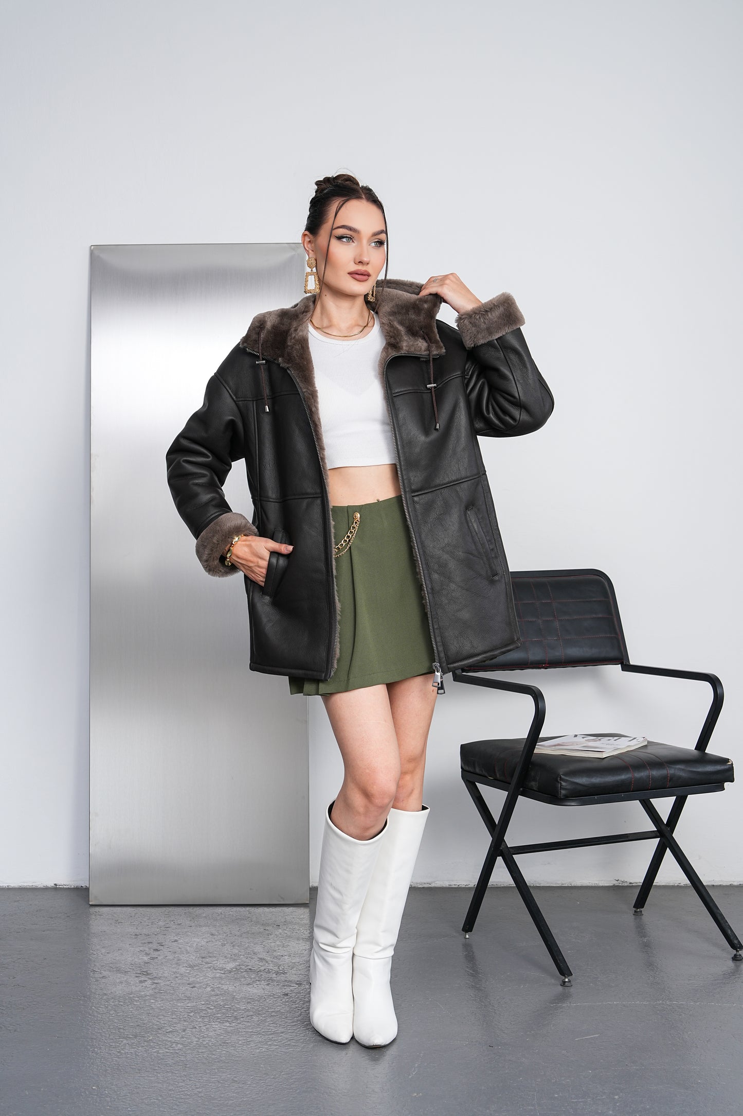 The Calverra Black Genuine Shearling Leather Hooded Women Coat