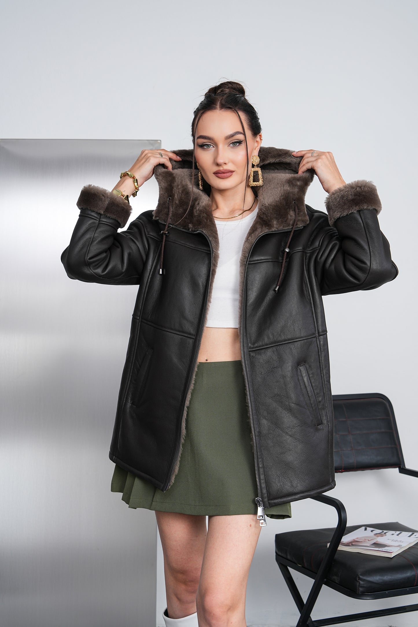The Calverra Black Genuine Shearling Leather Hooded Women Coat