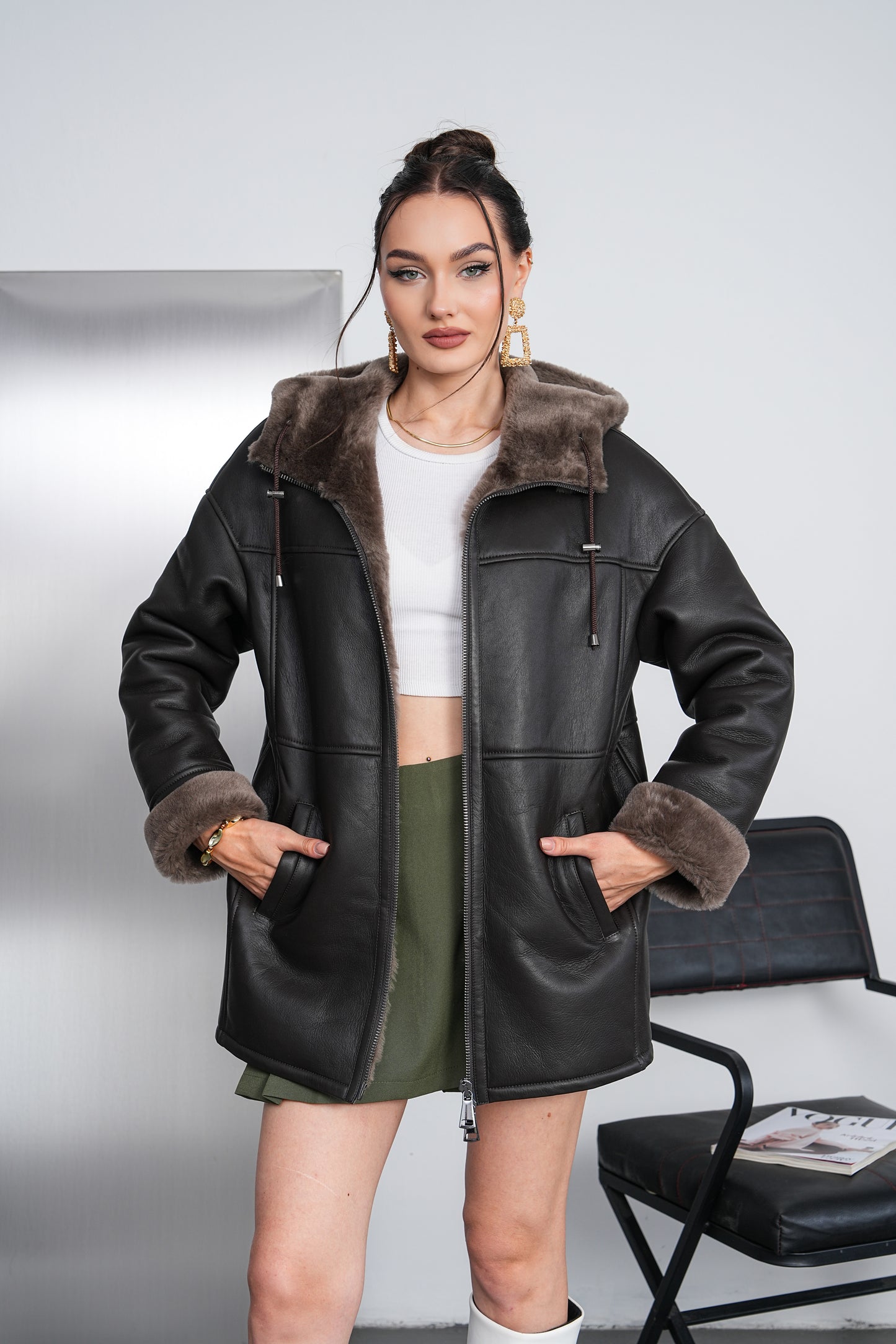 The Calverra Black Genuine Shearling Leather Hooded Women Coat
