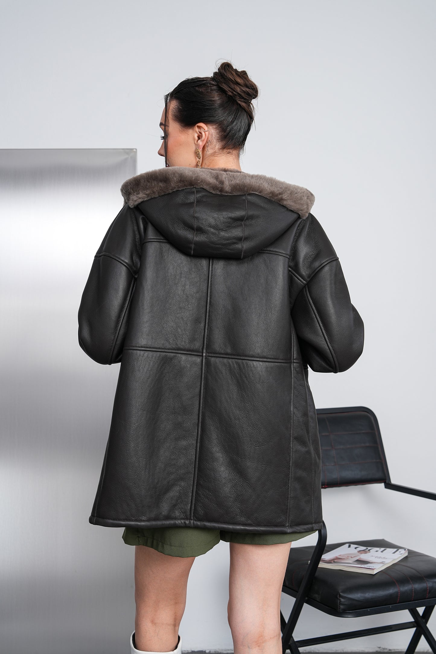 The Calverra Black Genuine Shearling Leather Hooded Women Coat