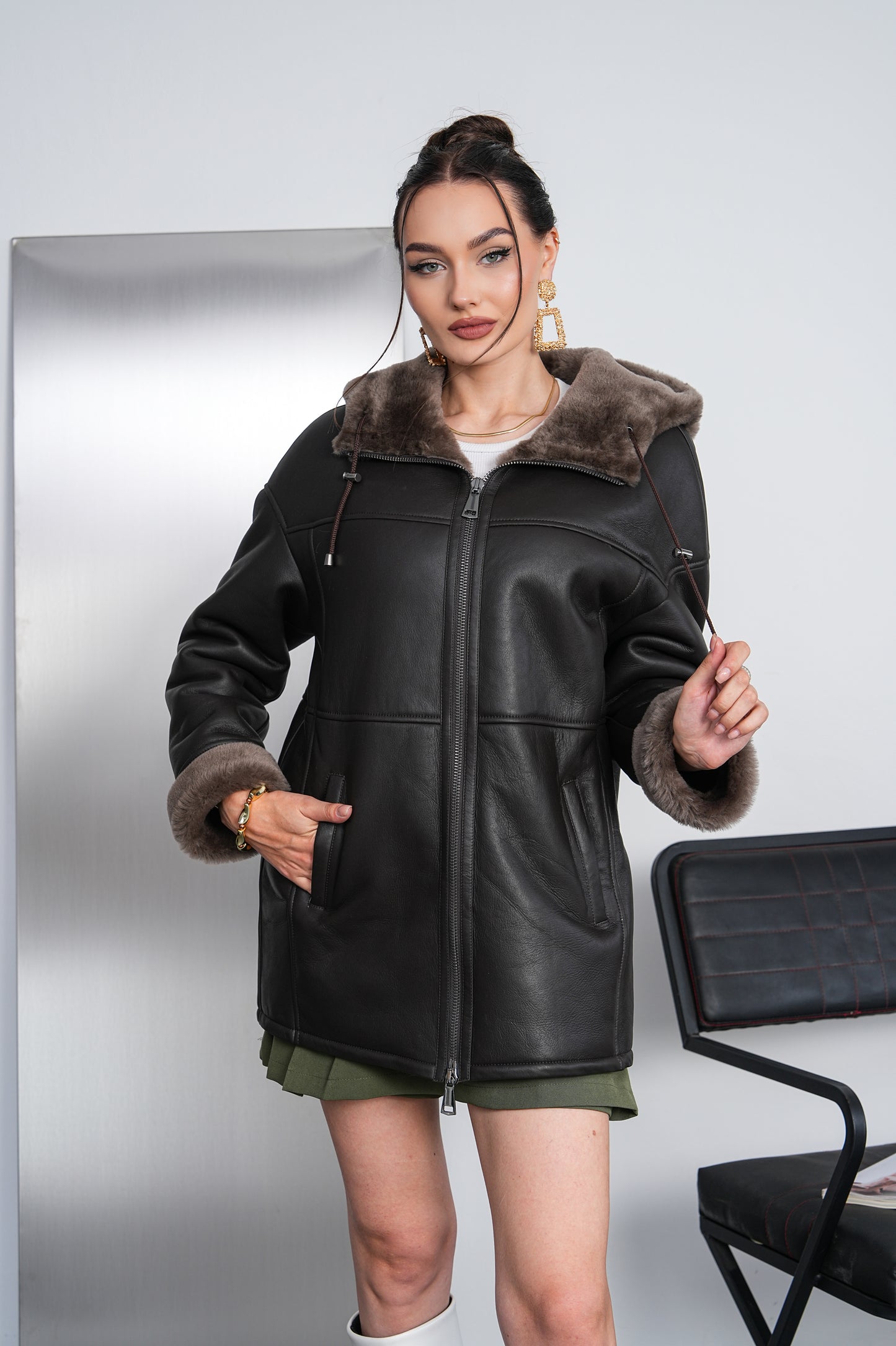 The Calverra Black Genuine Shearling Leather Hooded Women Coat