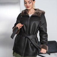 The Calverra Black Genuine Shearling Leather Hooded Women Coat