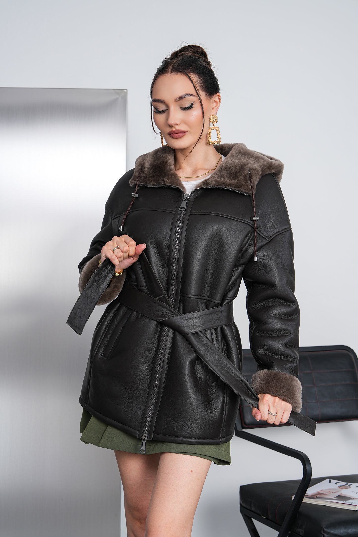 The Calverra Black Genuine Shearling Leather Hooded Women Coat