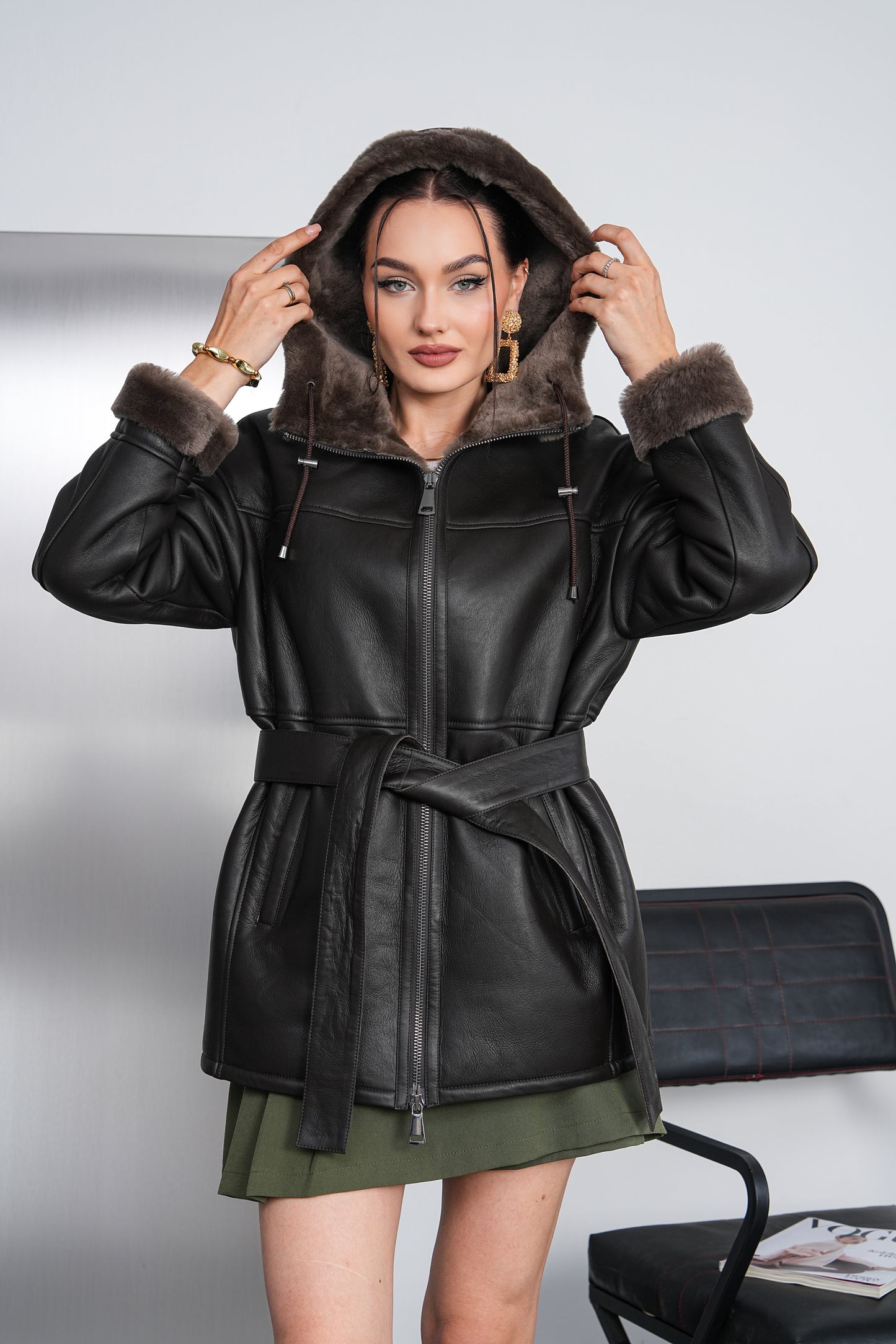 The Calverra Black Genuine Shearling Leather Hooded Women Coat