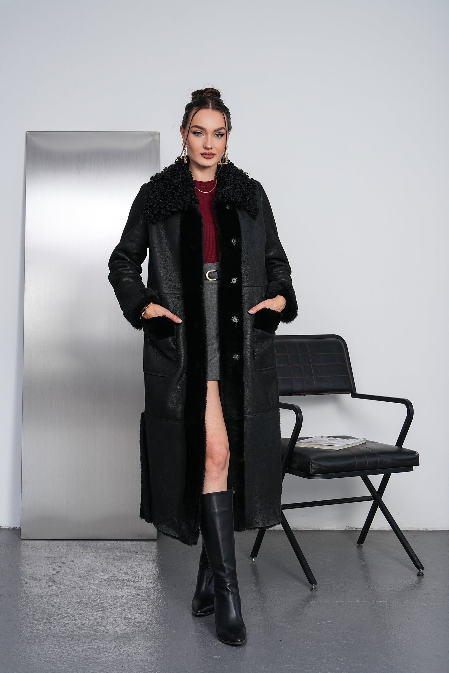 The Selvoria Black Genuine Curly Shearling Leather Women Coat