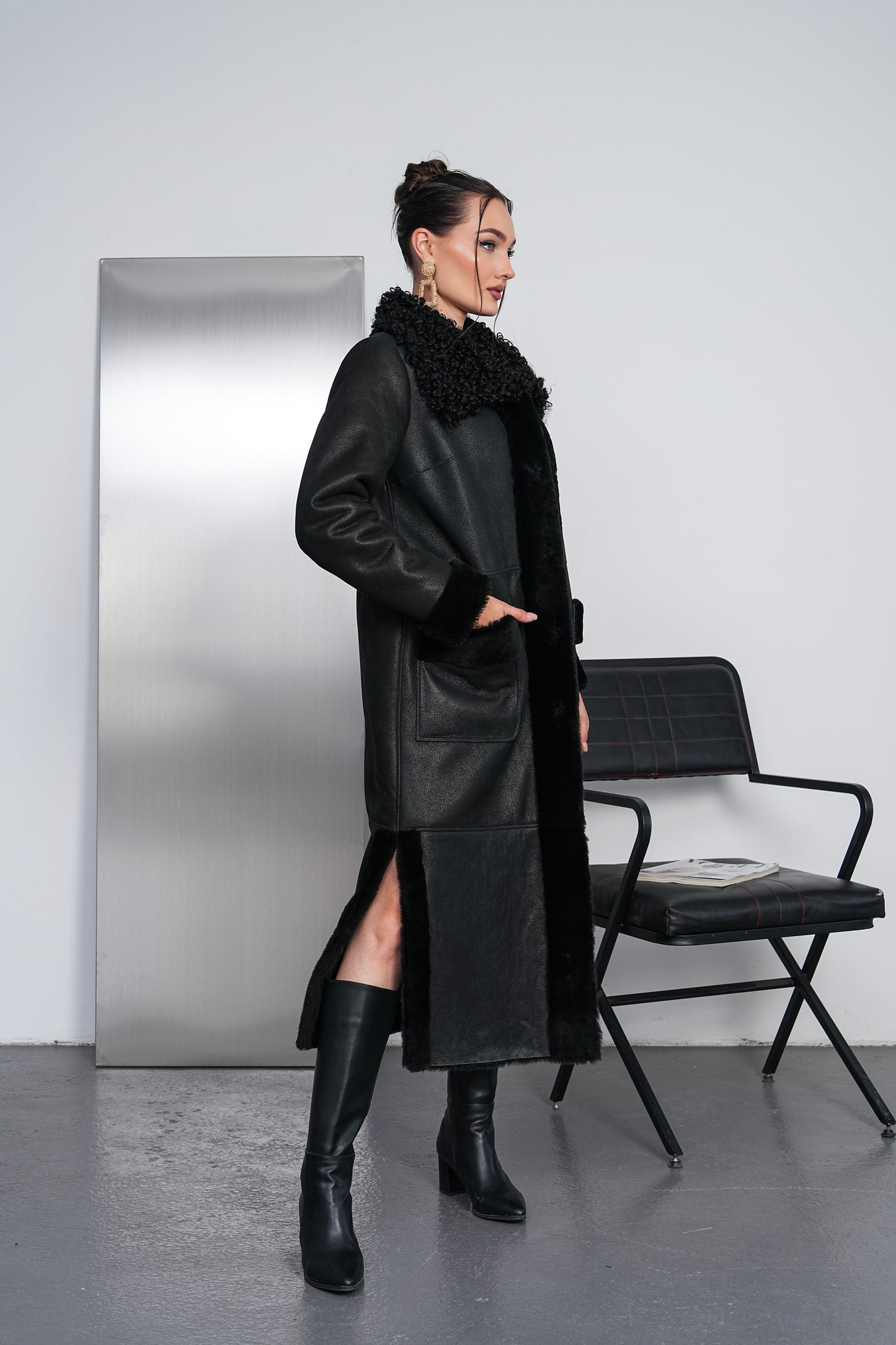 The Selvoria Black Genuine Curly Shearling Leather Women Coat