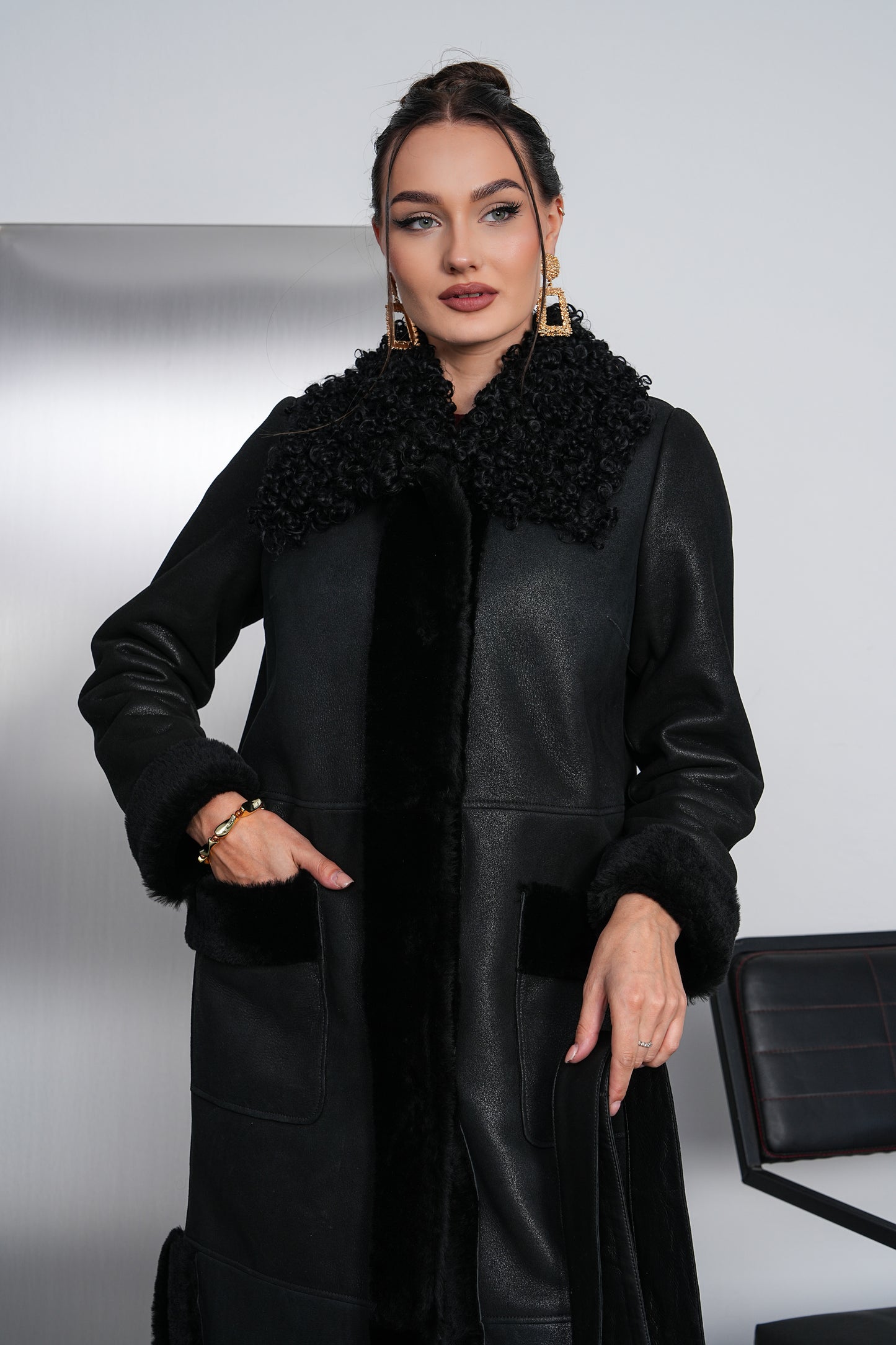 The Selvoria Black Genuine Curly Shearling Leather Women Coat