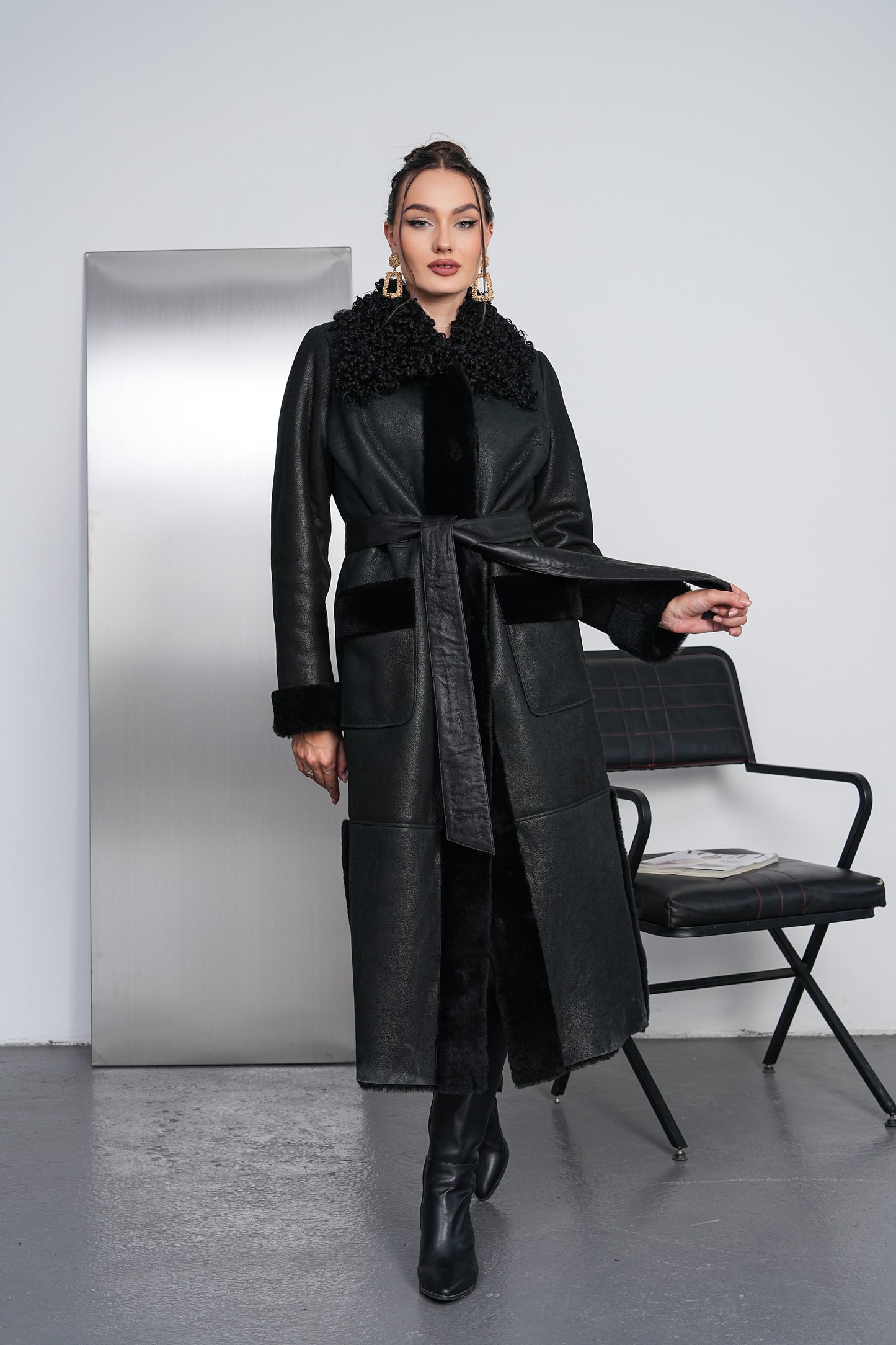 The Selvoria Black Genuine Curly Shearling Leather Women Coat