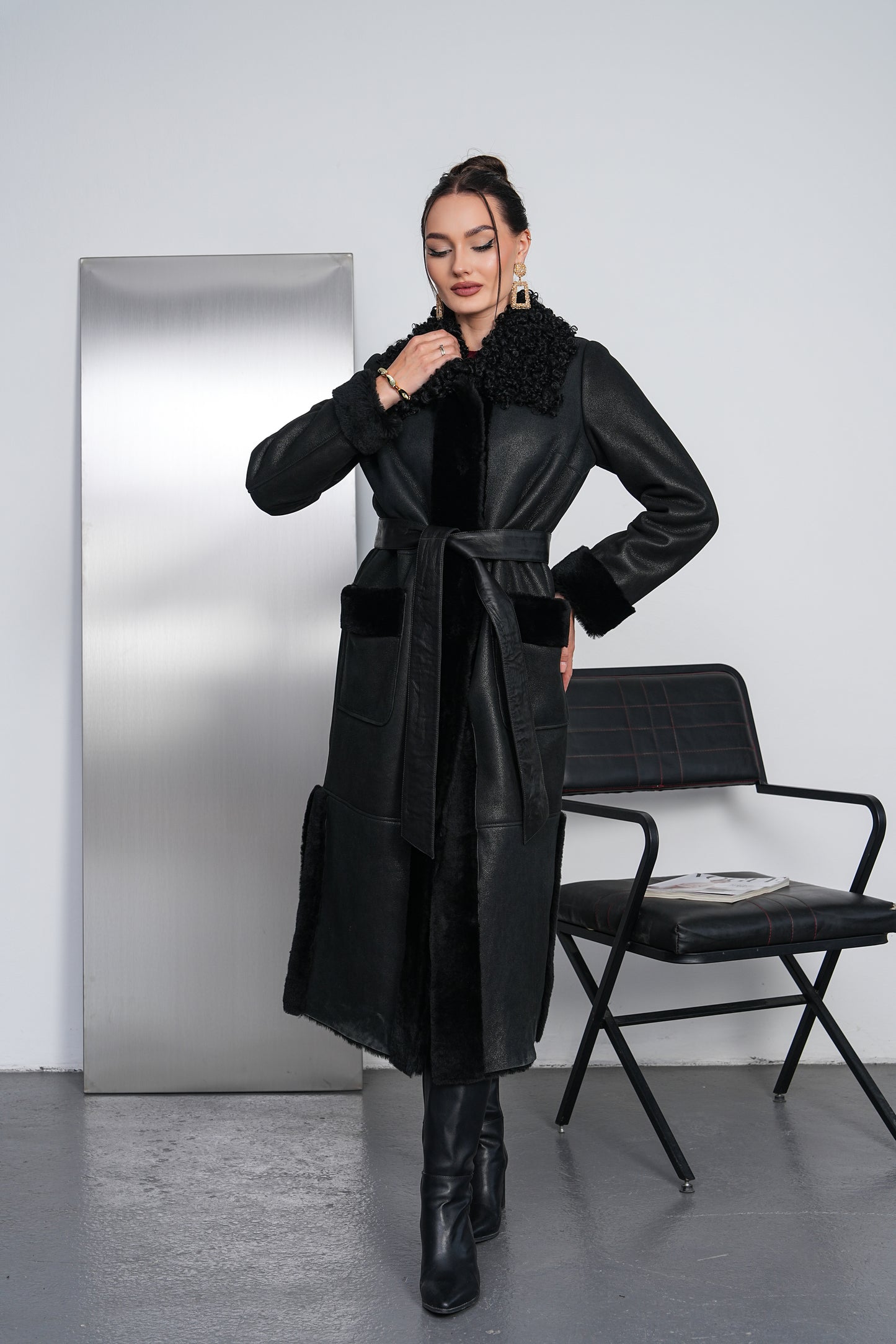 The Selvoria Black Genuine Curly Shearling Leather Women Coat