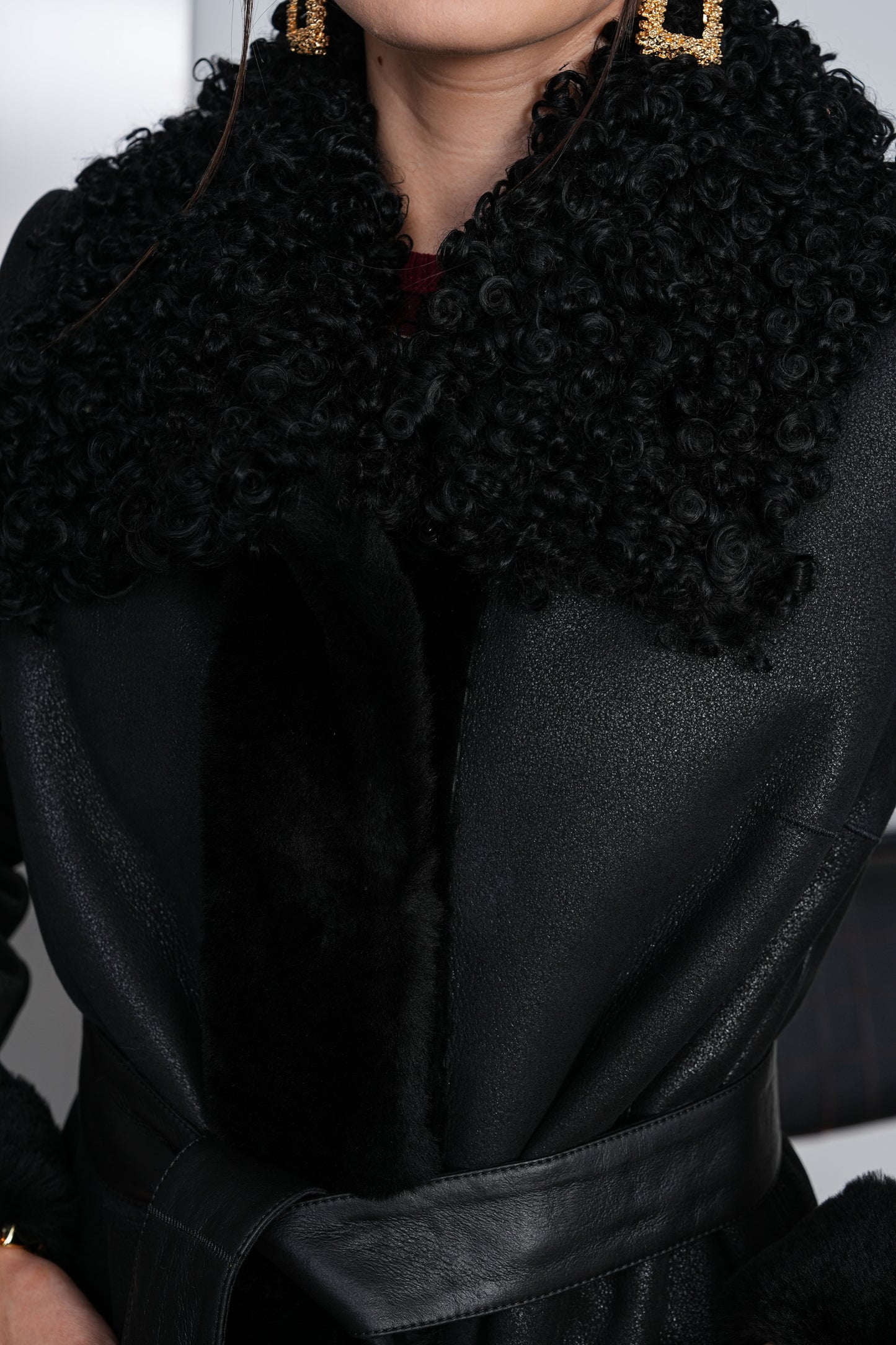 The Selvoria Black Genuine Curly Shearling Leather Women Coat