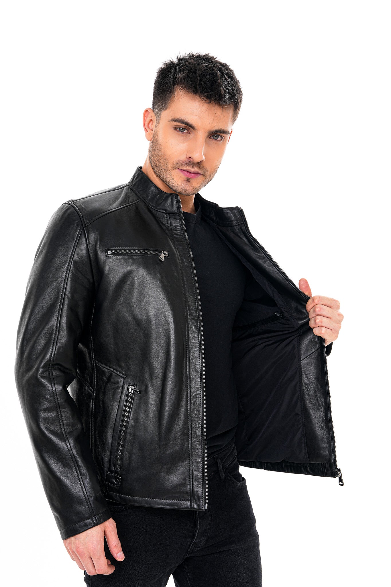 La chaqueta para hombre Falcon de cuero negro liso