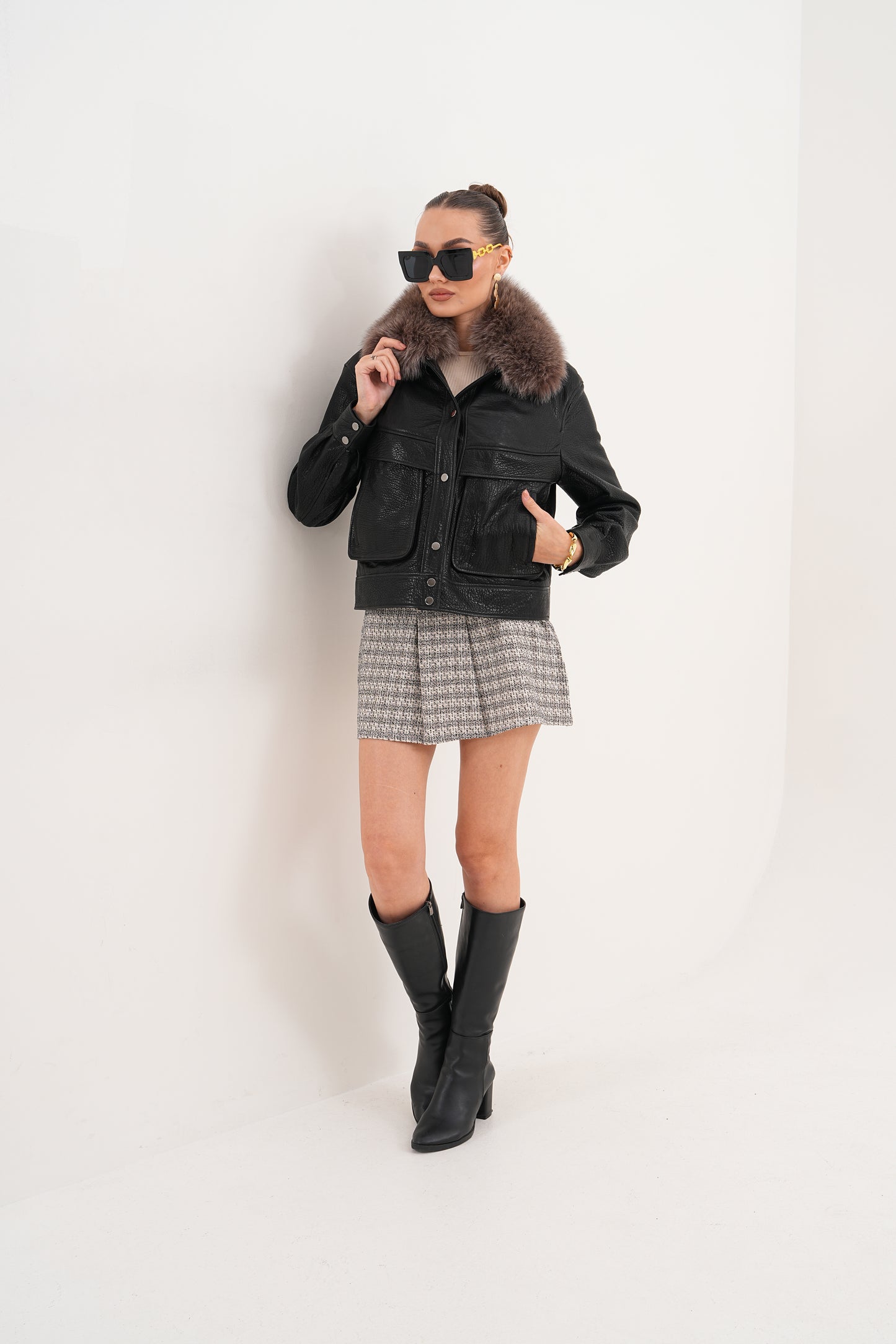 The Auretta Black Textured Leather Women Jacket
