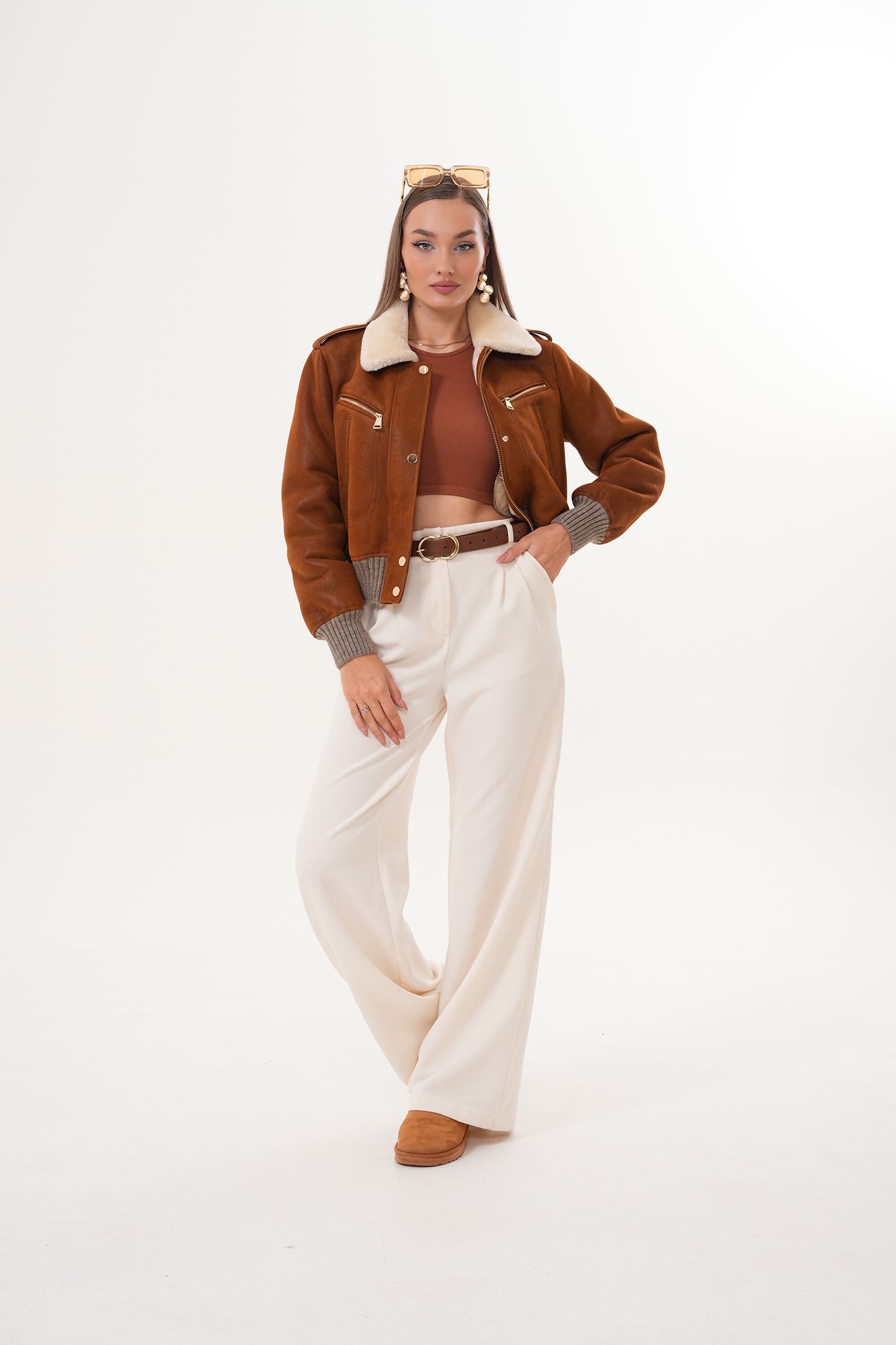 The Amber Shearling Collar Brown Suede Women Leather Jacket