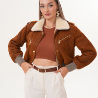 The Amber Shearling Collar Brown Suede Women Leather Jacket