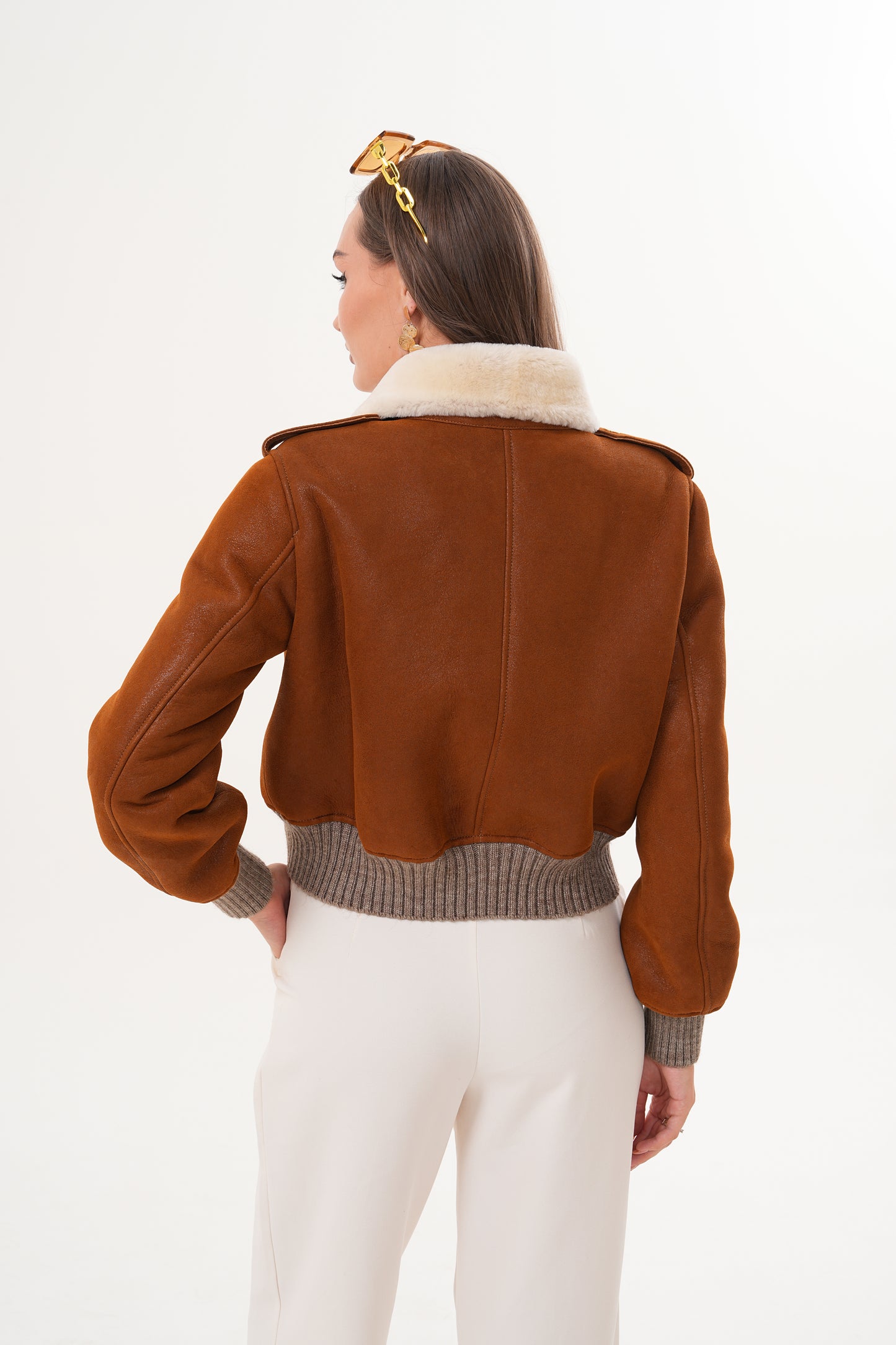 The Amber Shearling Collar Brown Suede Women Leather Jacket