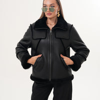 The Denali Black Shearling Leather Women Jacket