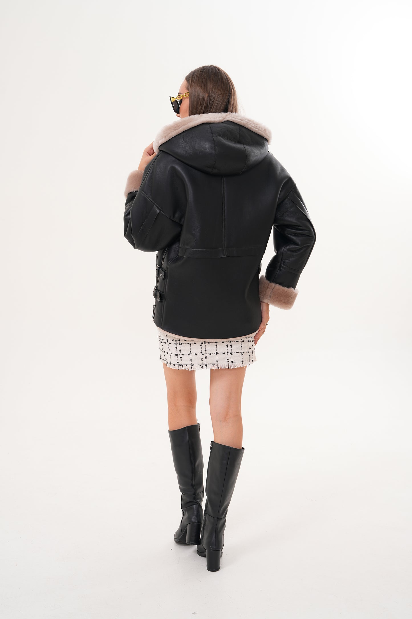 Chaqueta de mujer de cuero shearling con capucha Aspen Black