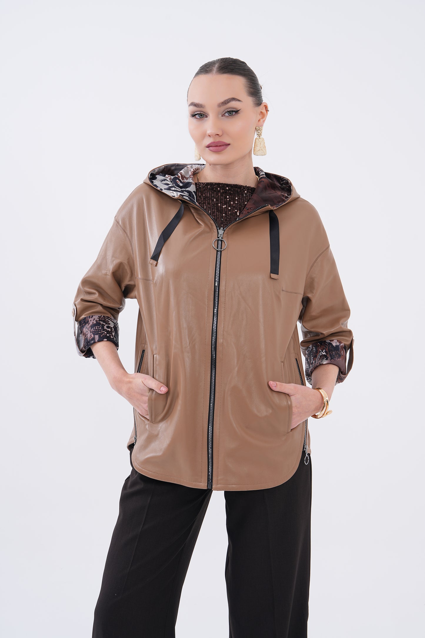 The Nyxara Reversible Hooded Taupe Brown Leather Women Jacket
