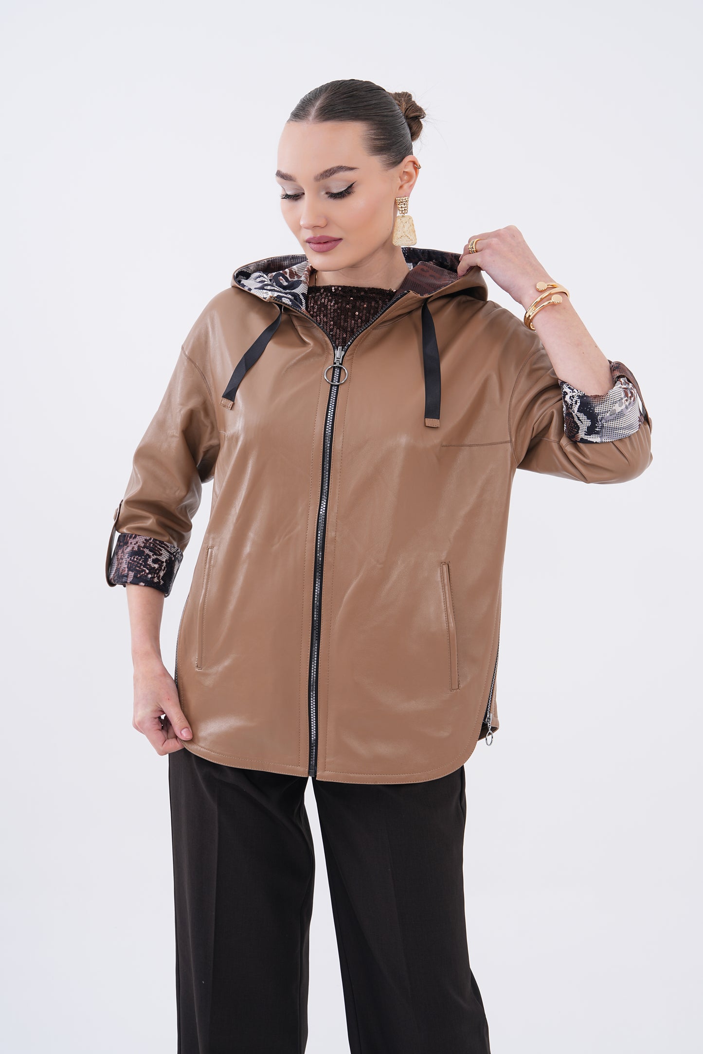 The Nyxara Reversible Hooded Taupe Brown Leather Women Jacket
