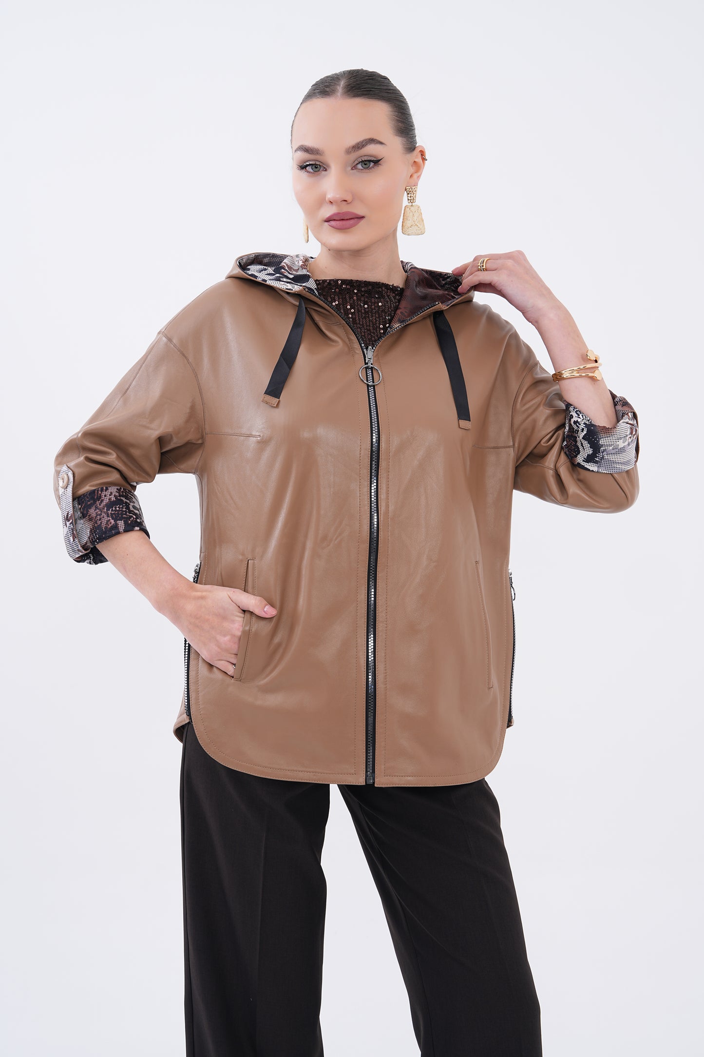 The Nyxara Reversible Hooded Taupe Brown Leather Women Jacket