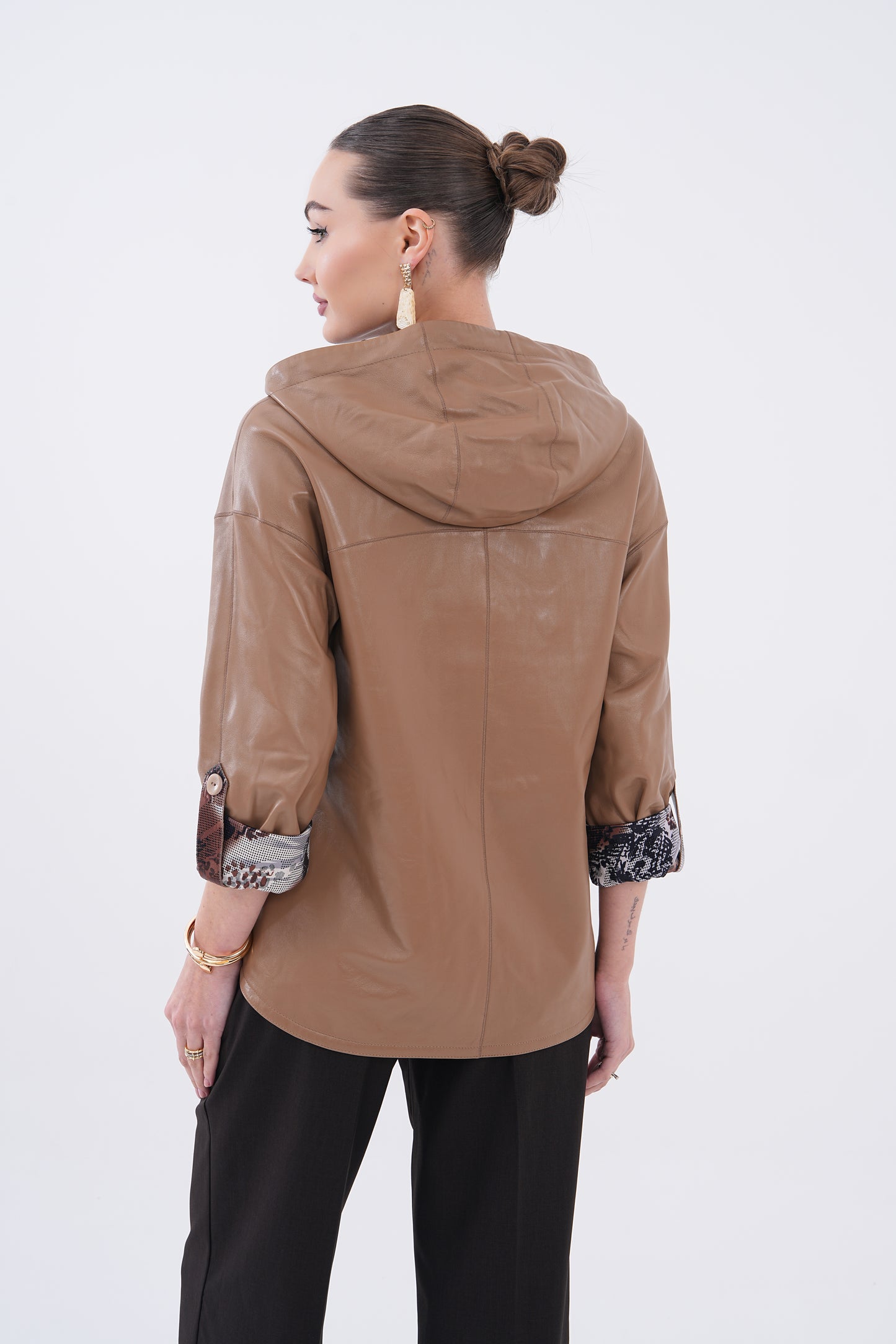 The Nyxara Reversible Hooded Taupe Brown Leather Women Jacket