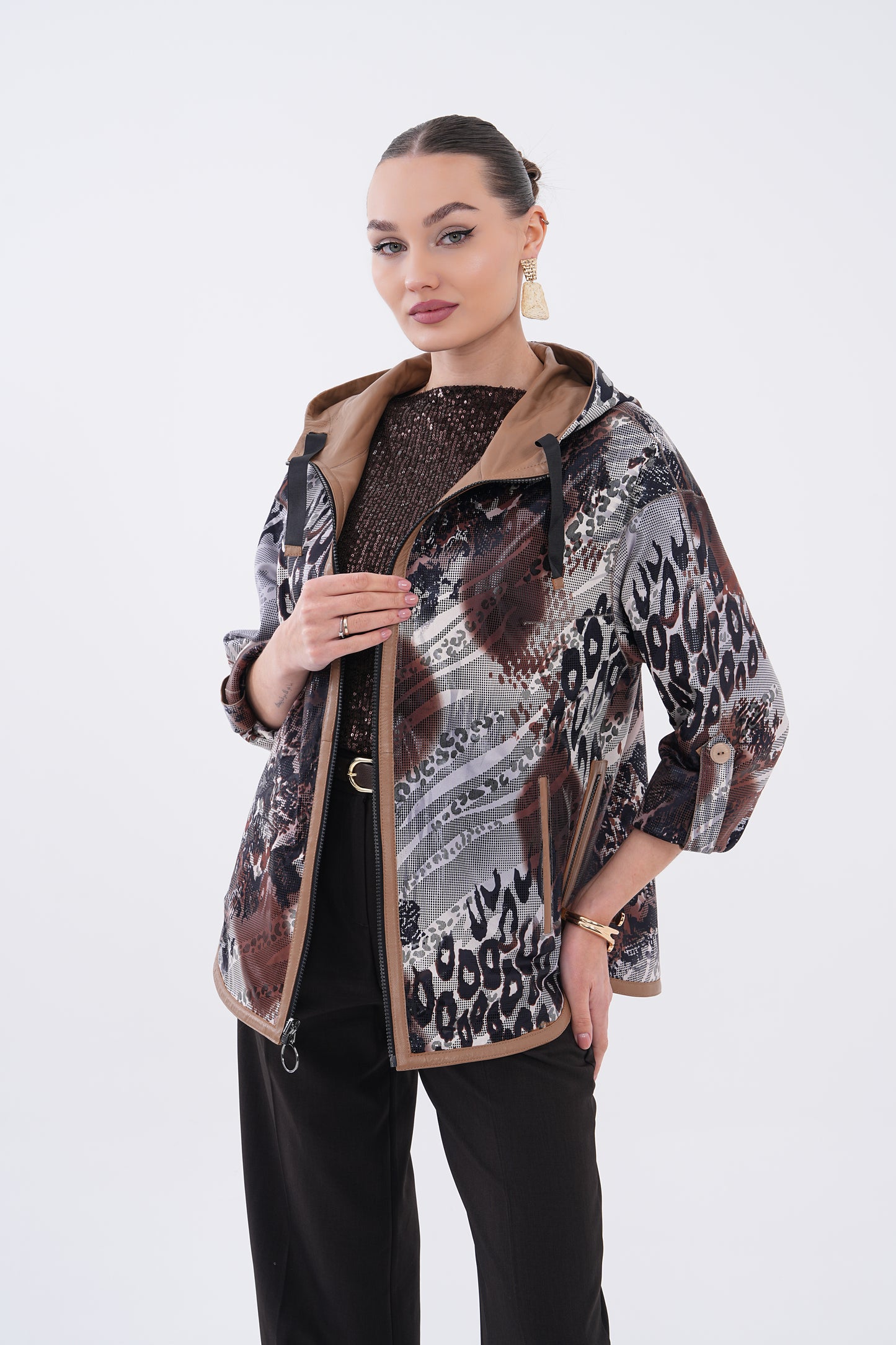 The Nyxara Reversible Hooded Taupe Brown Leather Women Jacket